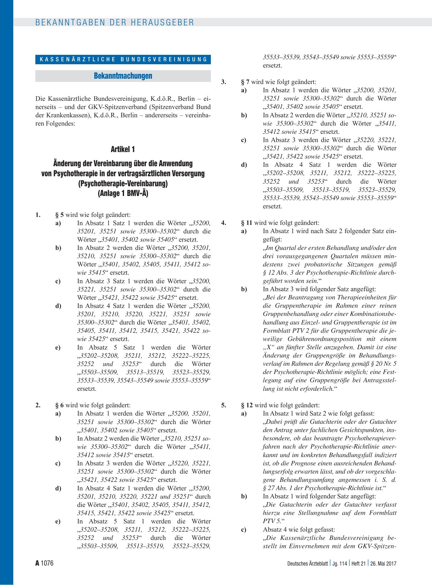 Vorschauseite 1: Artikel 1 – Änderung der Vereinbarung über die Anwendung von Psychotherapie in der vertragsärztlichen Versorgung, Artikel 2, Inkrafttreten – Deutsches Ärzteblatt