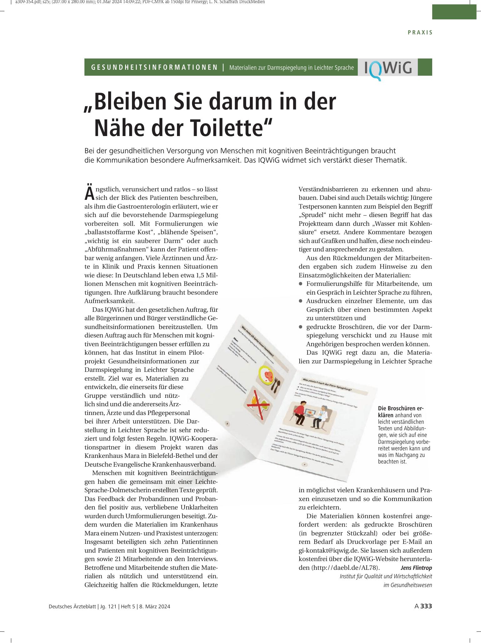 Vorschauseite 1: Materialien zur Darmspiegelung in Leichter Sprache: „Bleiben Sie darum in der Nähe der Toilette“ – Deutsches Ärzteblatt