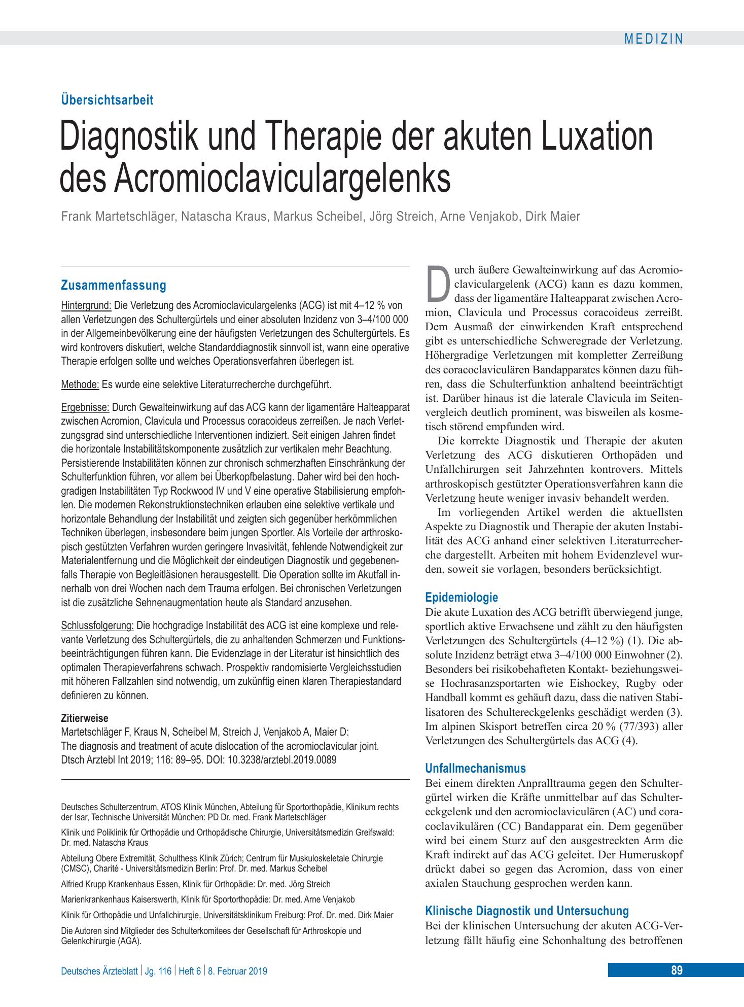 Vorschauseite 1: Diagnostik und Therapie der akuten Luxation des Acromio­clavicular­gelenks – Deutsches Ärzteblatt