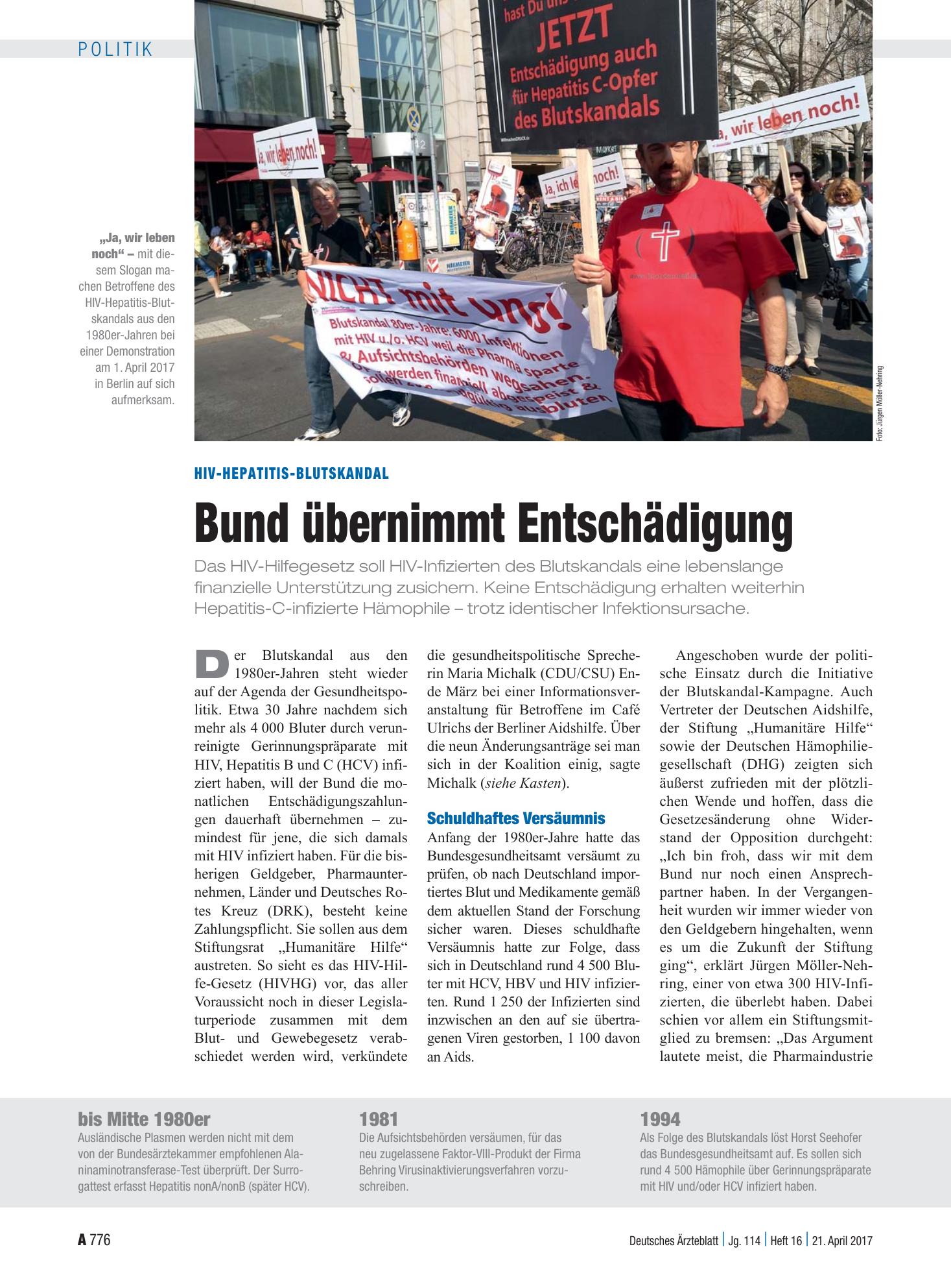 Vorschauseite 1: HIV-Hepatitis-Blutskandal: Bund übernimmt Entschädigung – Deutsches Ärzteblatt