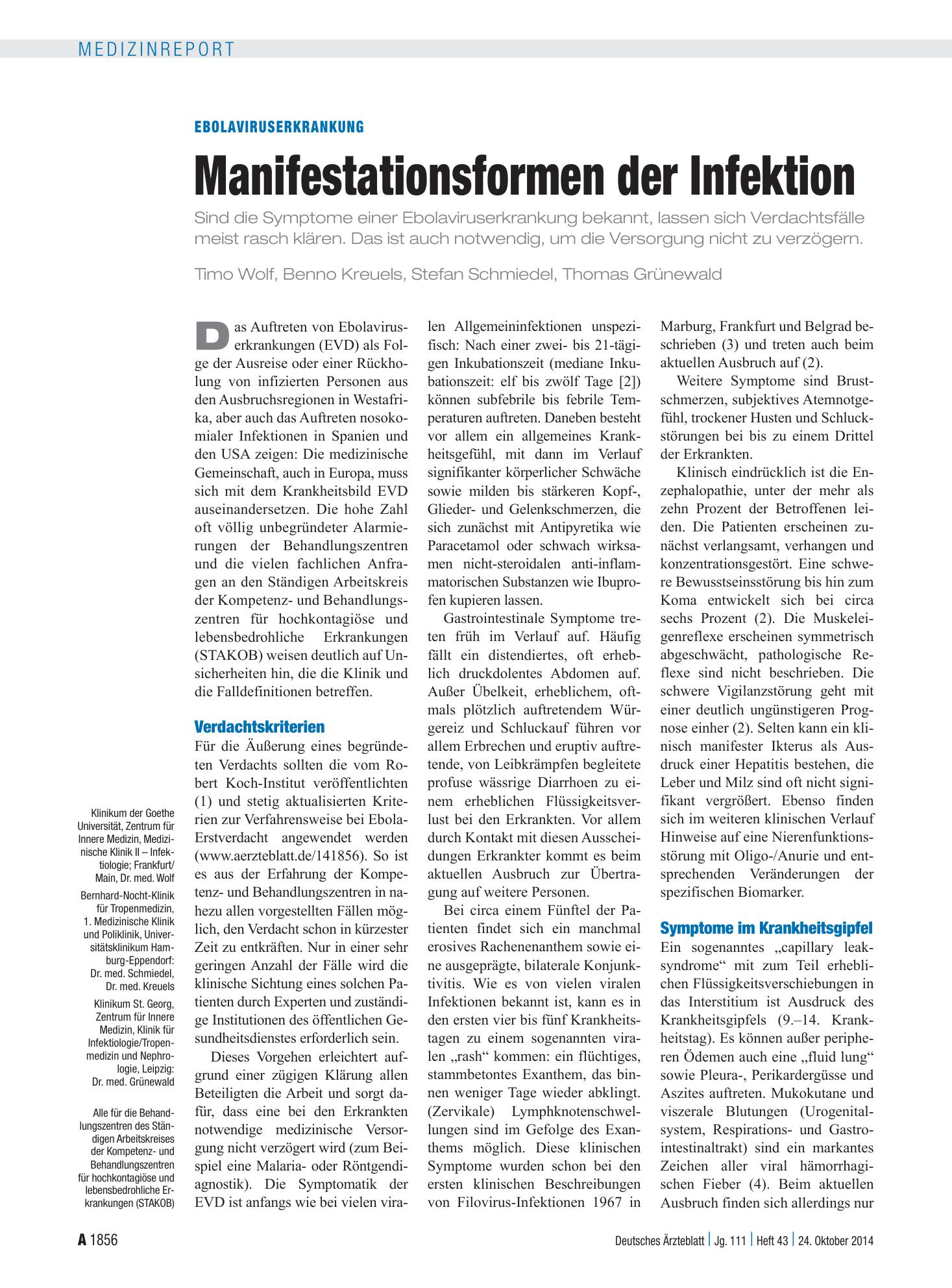Vorschauseite 1: Ebolaviruserkrankung: Manifestationsformen der Infektion – Deutsches Ärzteblatt
