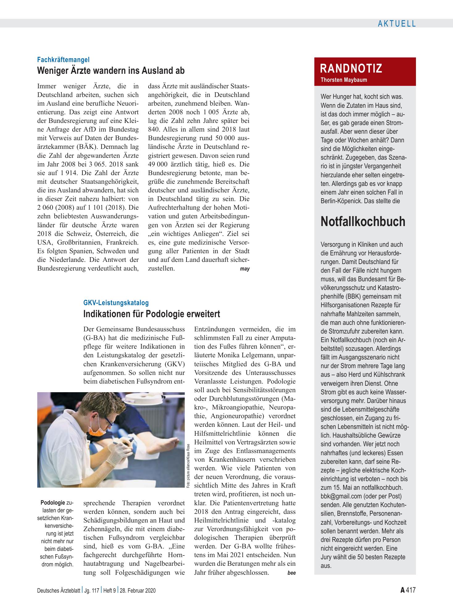Vorschauseite 1: Randnotiz: Notfallkochbuch – Deutsches Ärzteblatt