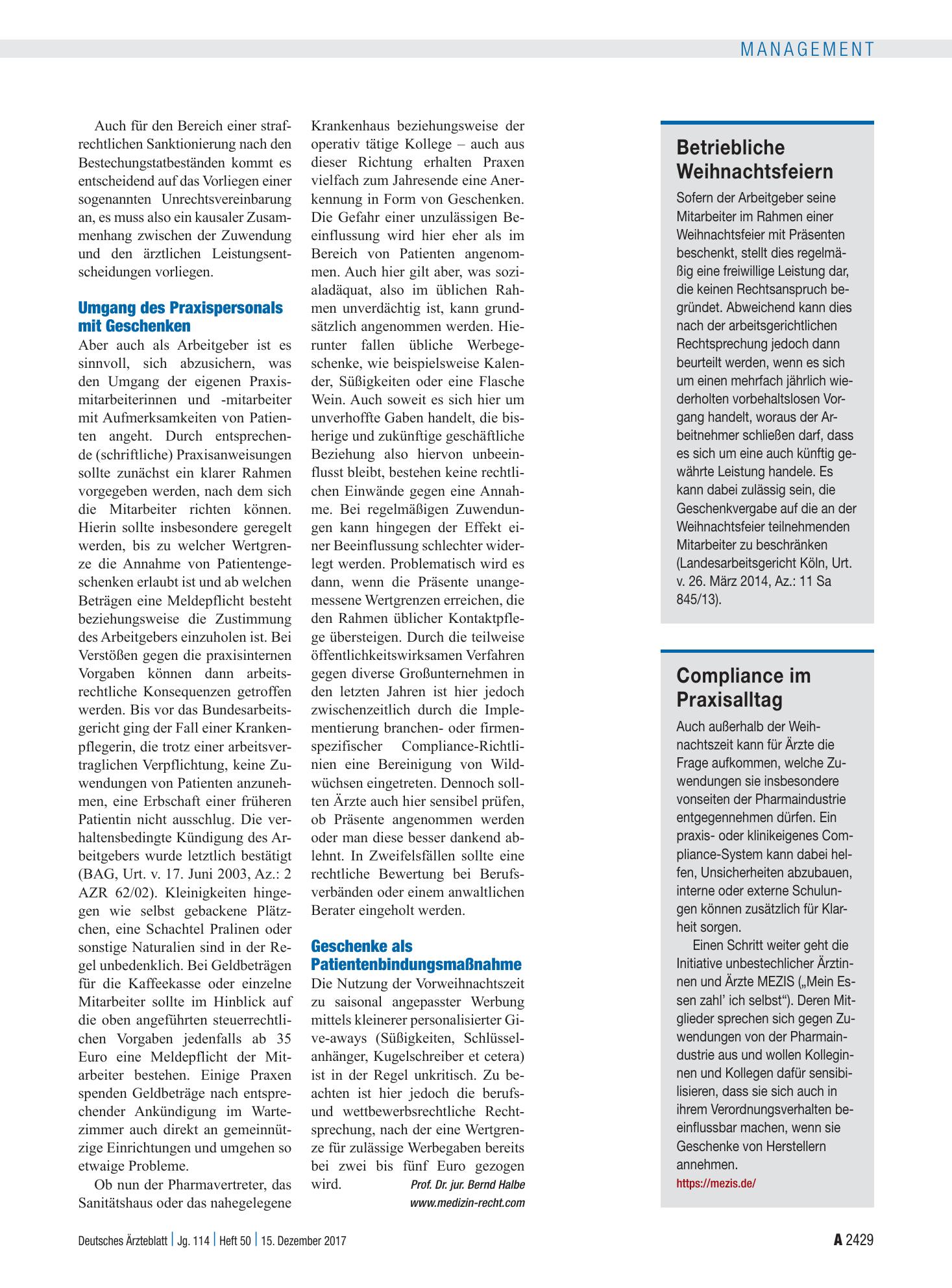 Vorschauseite 1: Compliance im Praxisalltag – Deutsches Ärzteblatt