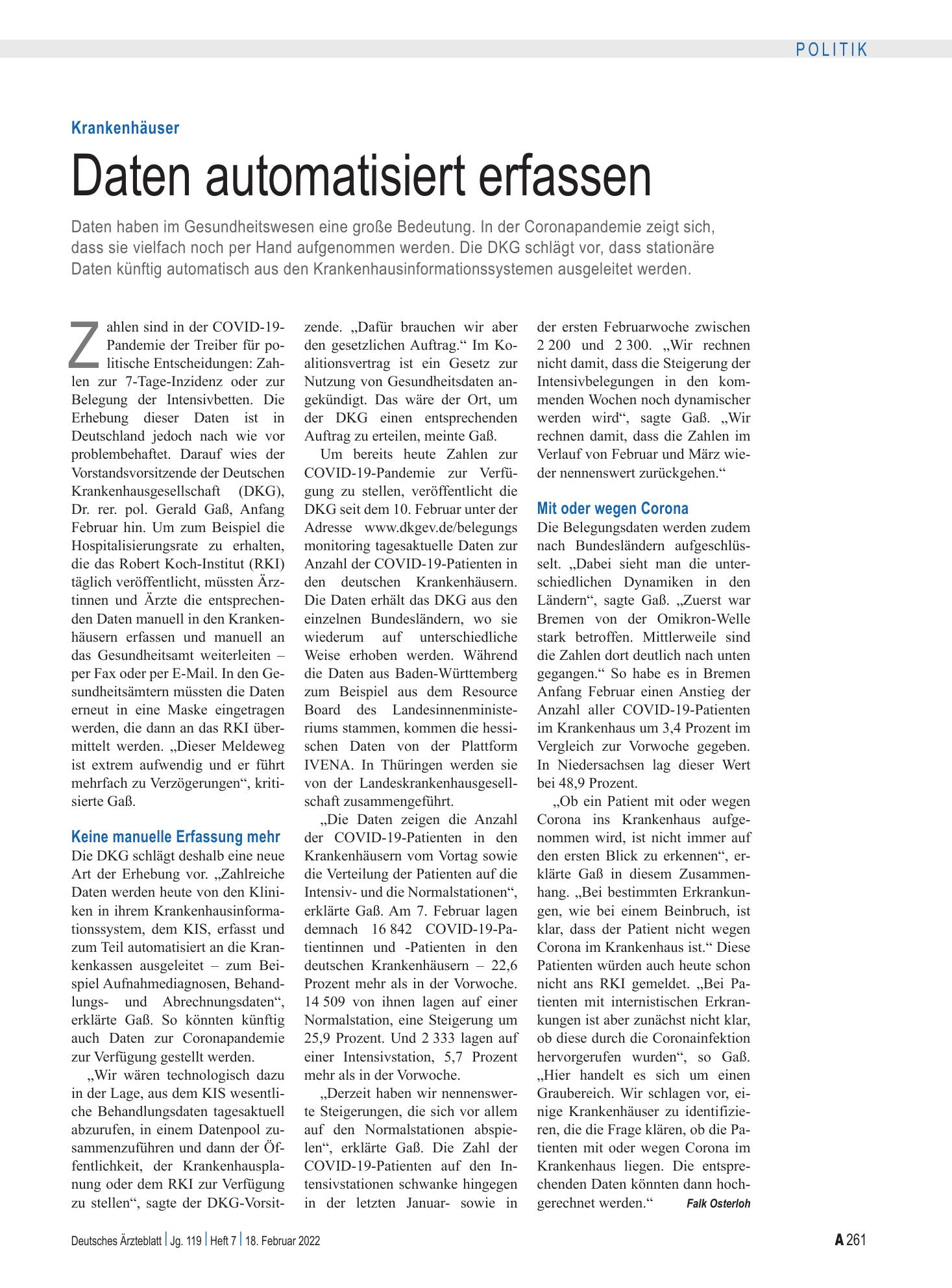 Vorschauseite 1: Krankenhäuser: Daten automatisiert erfassen – Deutsches Ärzteblatt
