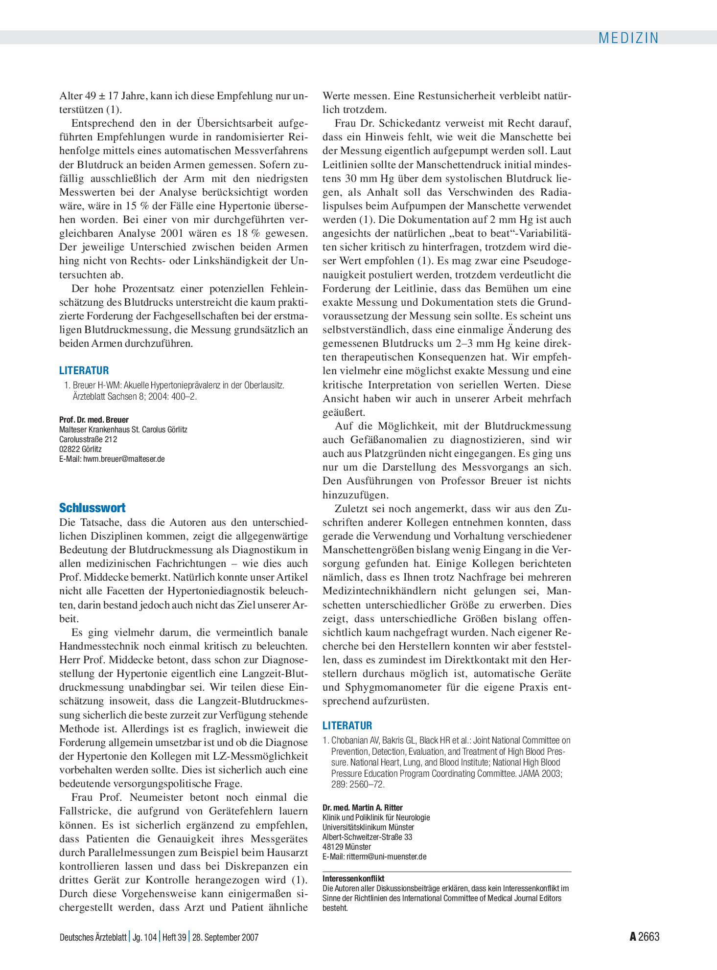 Vorschauseite 1: Messung des arteriellen Blutdrucks – Bestehende Standards und mögliche Fehler: Schlusswort – Deutsches Ärzteblatt