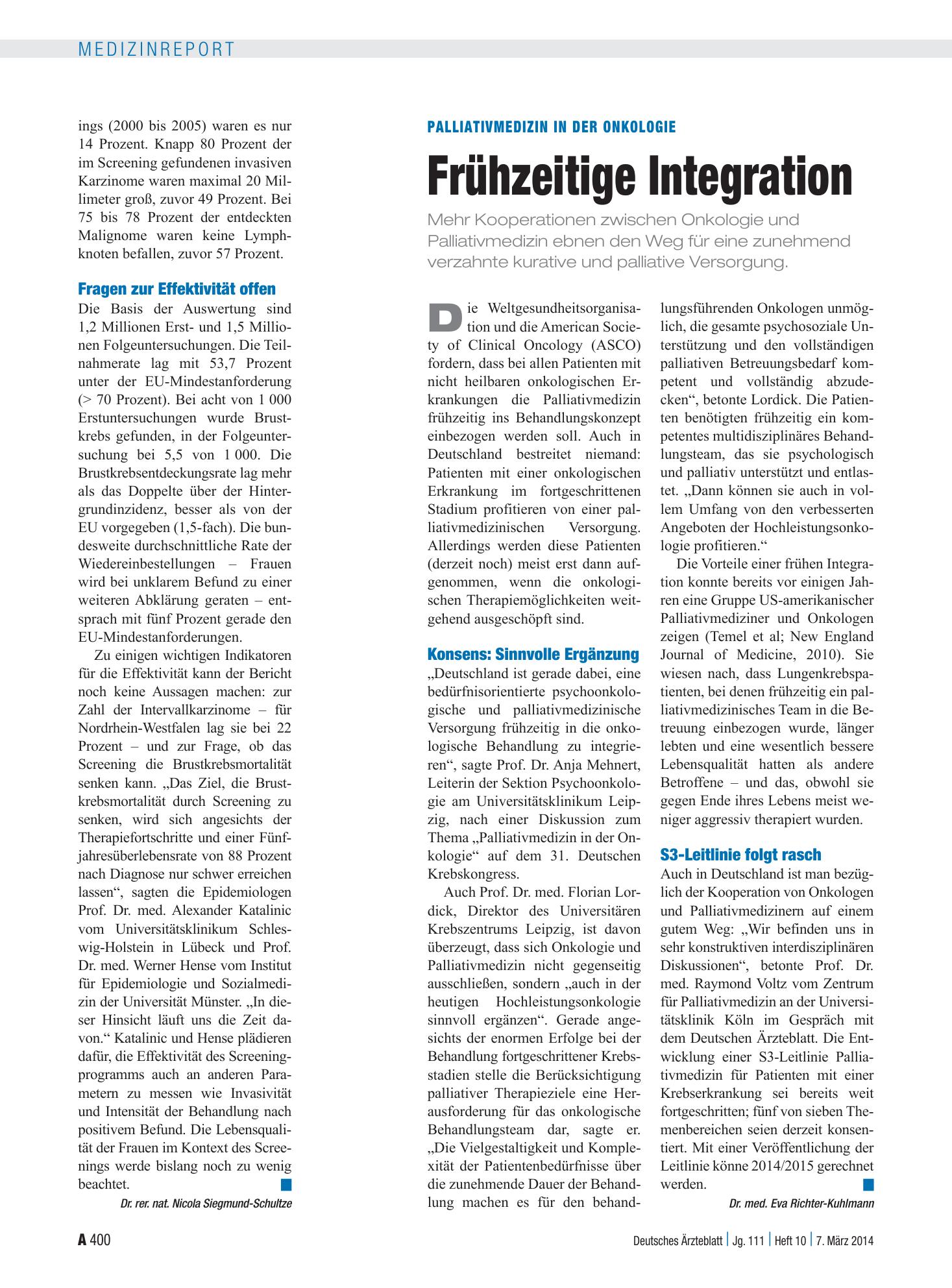Vorschauseite 1: Palliativmedizin in der Onkologie: Frühzeitige Integration – Deutsches Ärzteblatt
