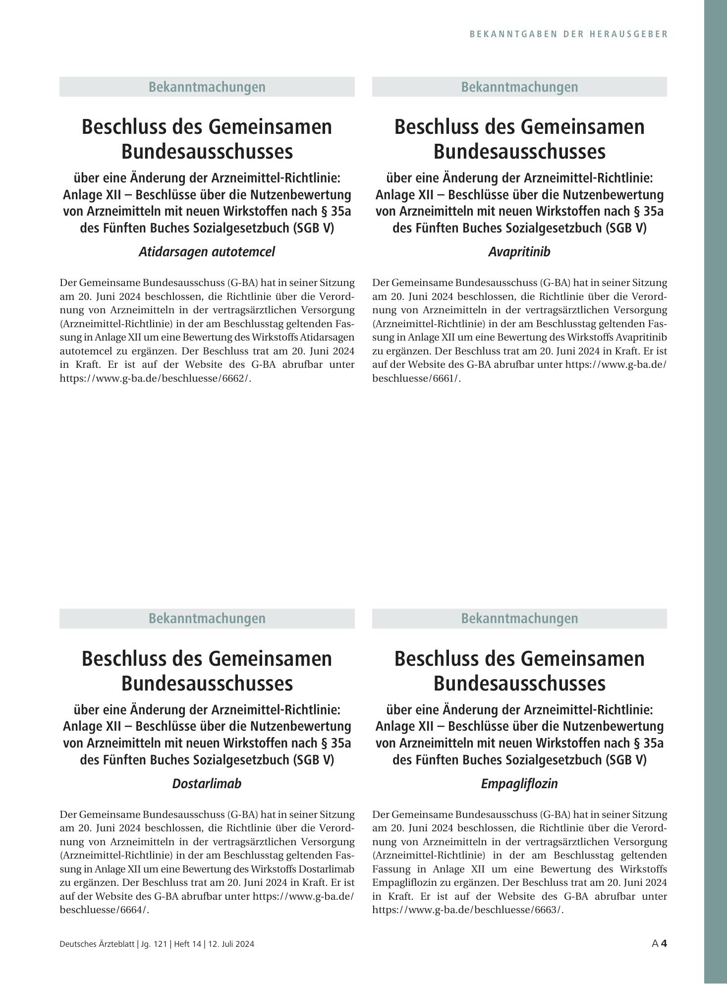 Vorschauseite 1: Beschluss des Gemeinsamen Bundesausschusses über eine Änderung der Arzneimittel-Richtlinie: Anlage XII – Empagliflozin – Deutsches Ärzteblatt