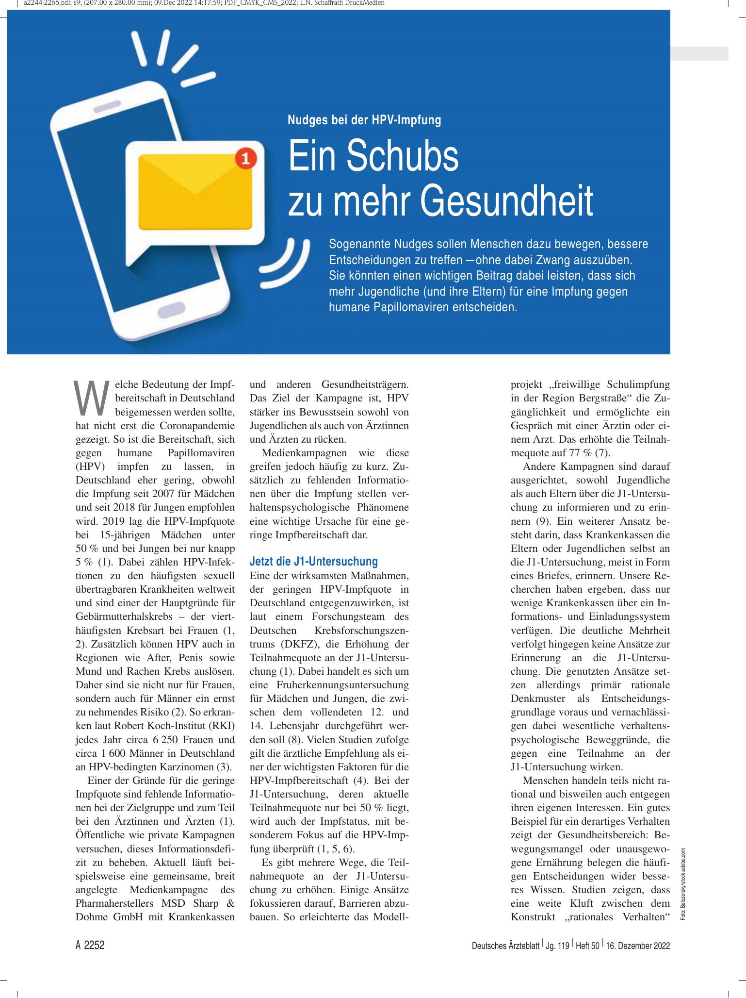 Vorschauseite 1: Nudges bei der HPV-Impfung: Ein Schubs zu mehr Gesundheit – Deutsches Ärzteblatt