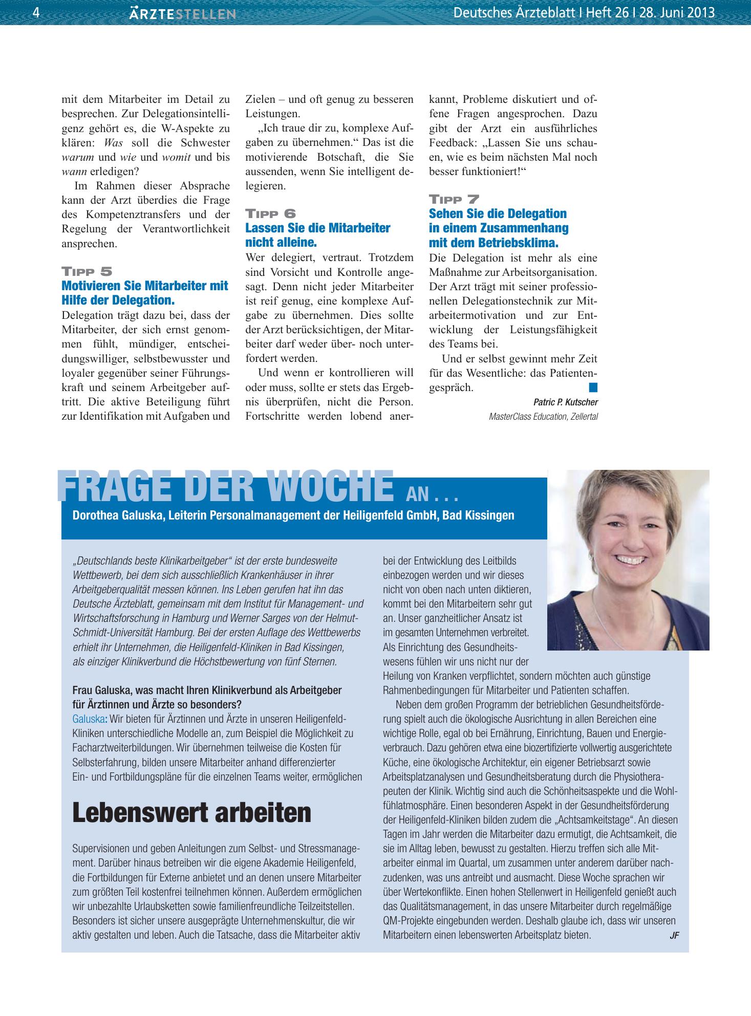 Vorschauseite 1: Frage der Woche an . . . Dorothea Galuska, Leiterin Personalmanagement der Heiligenfeld GmbH, Bad Kissingen – Deutsches Ärzteblatt