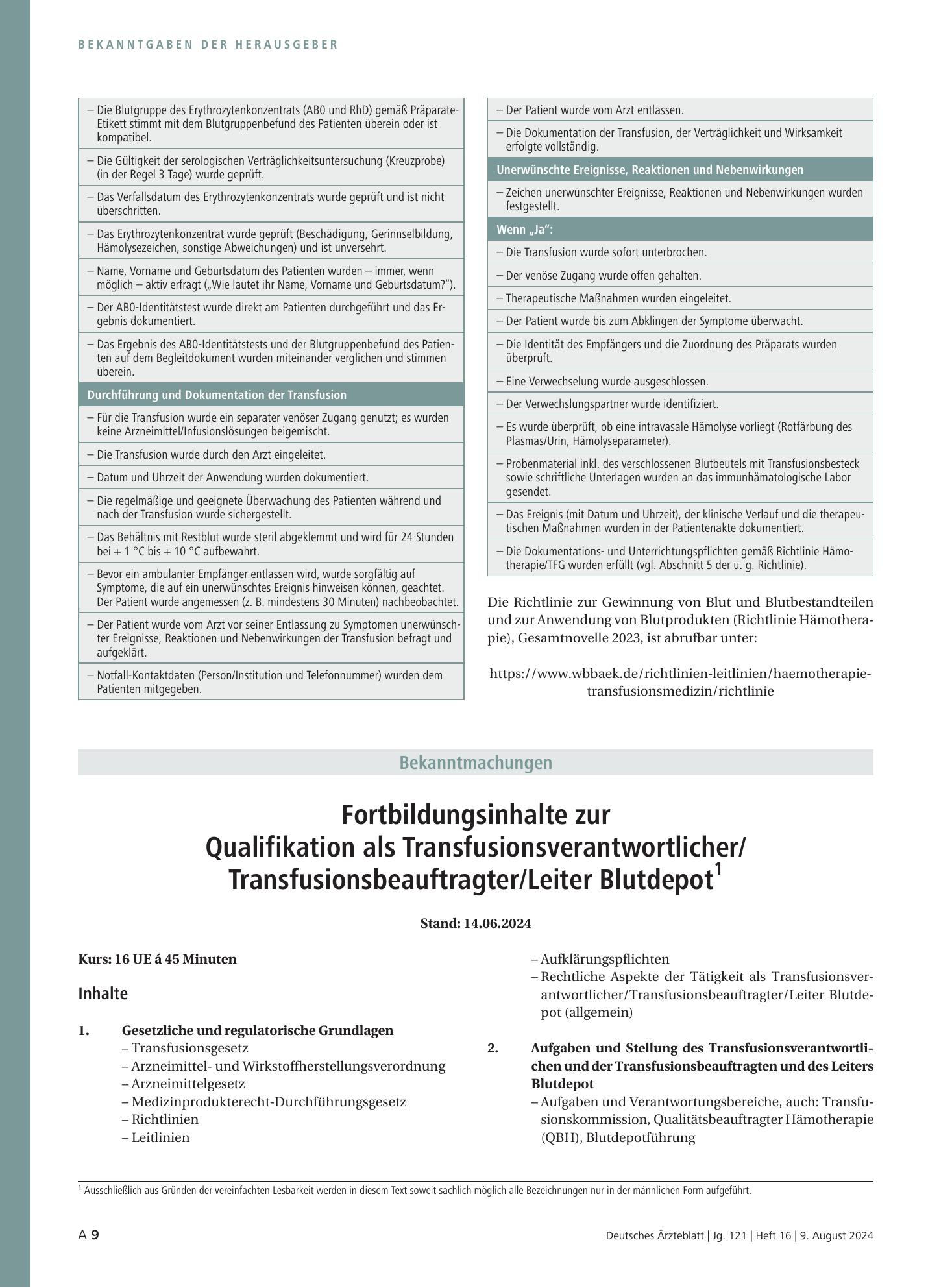 Vorschauseite 1: Fortbildungsinhalte zur Qualifikation als Transfusionsverantwortlicher/ Transfusionsbeauftragter/Leiter Blutdepot 1 – Deutsches Ärzteblatt