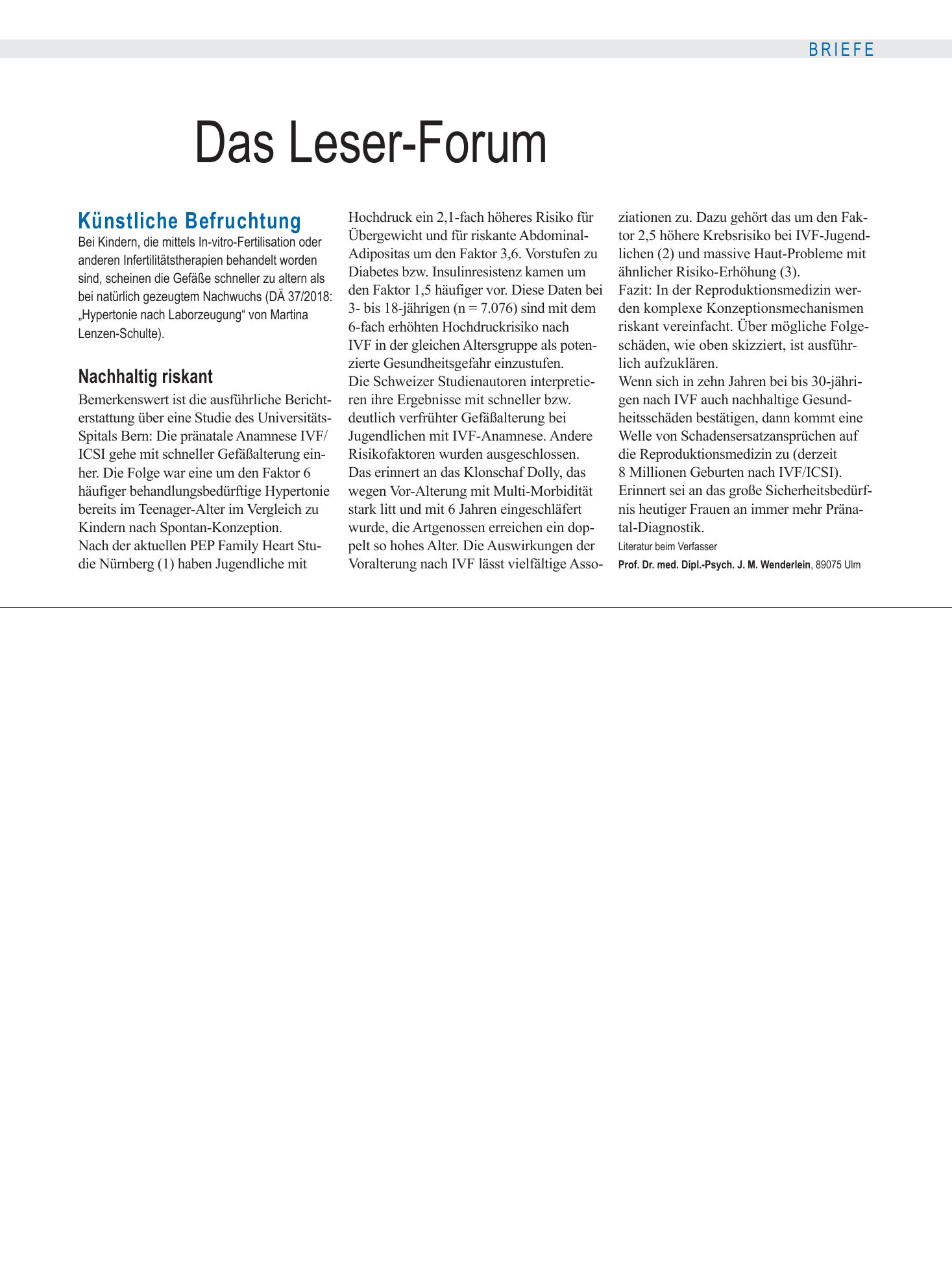 Vorschauseite 1: Künstliche Befruchtung: Nachhaltig riskant – Deutsches Ärzteblatt