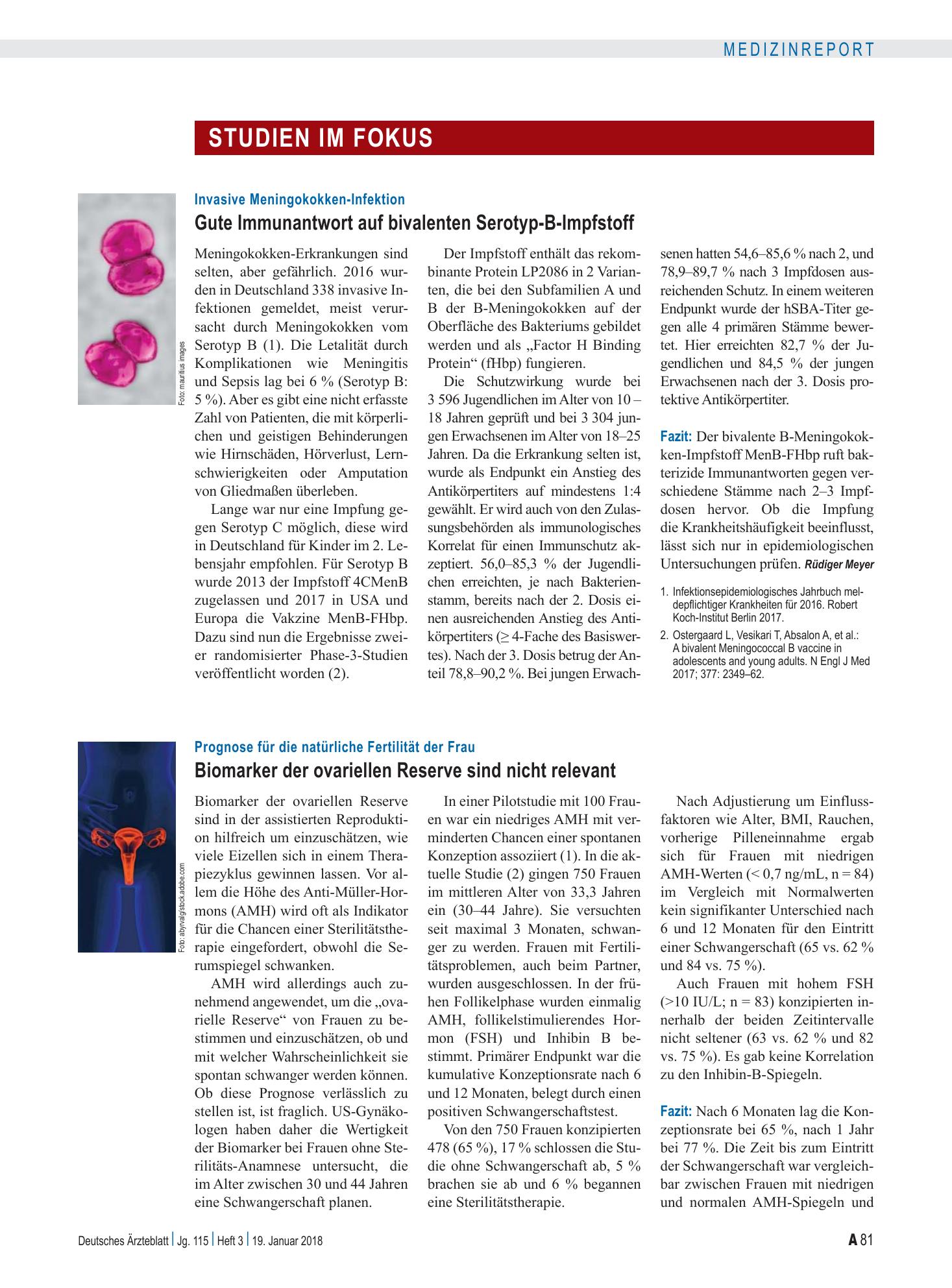 Vorschauseite 1: Invasive Meningokokken-Infektion: Gute Immunantwort auf bivalenten Serotyp-B-Impfstoff – Deutsches Ärzteblatt