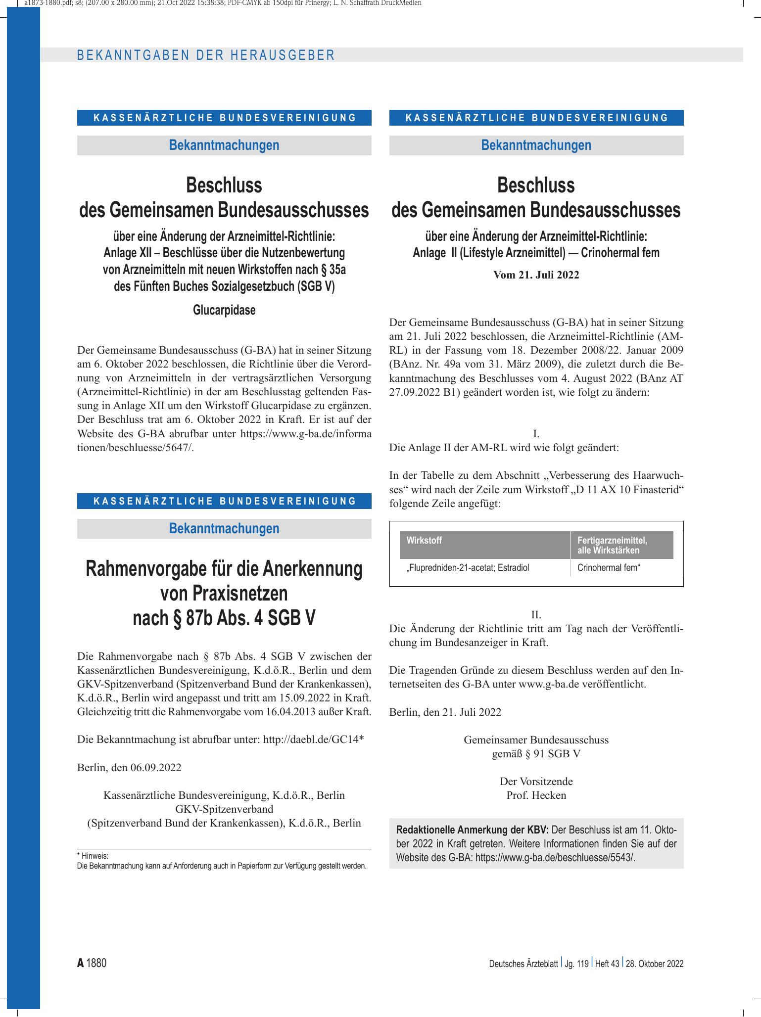 Vorschauseite 1: Beschluss des Gemeinsamen Bundesausschusses über eine Änderung der Arzneimittel-Richtlinie: Anlage XII – Glucarpidase – Deutsches Ärzteblatt