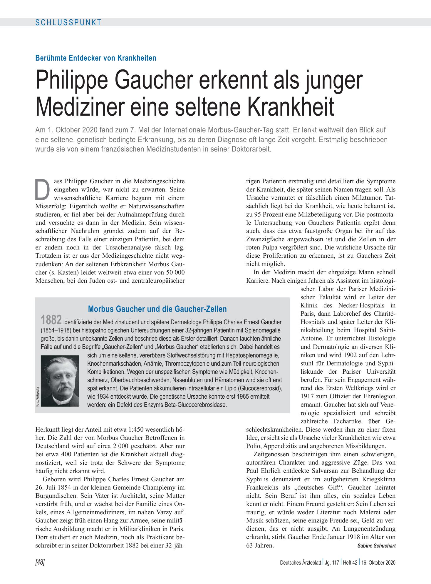 Vorschauseite 1: Berühmte Entdecker von Krankheiten: Philippe Gaucher erkennt als junger Mediziner eine seltene Krankheit – Deutsches Ärzteblatt