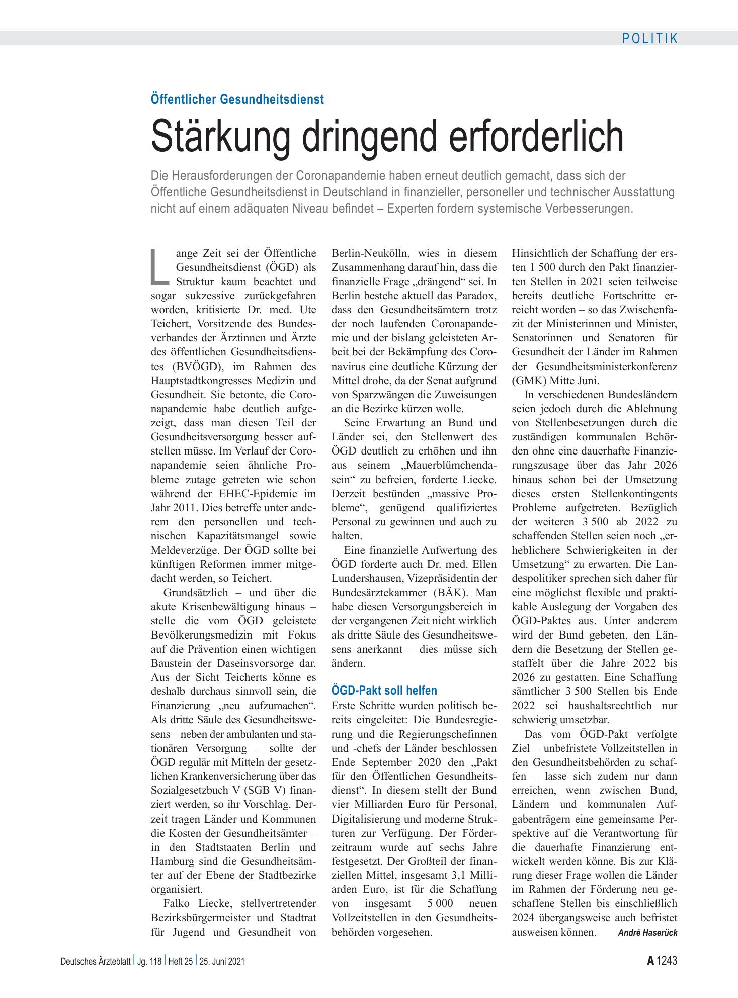 Vorschauseite 1: Öffentlicher Gesundheitsdienst: Stärkung dringend erforderlich – Deutsches Ärzteblatt