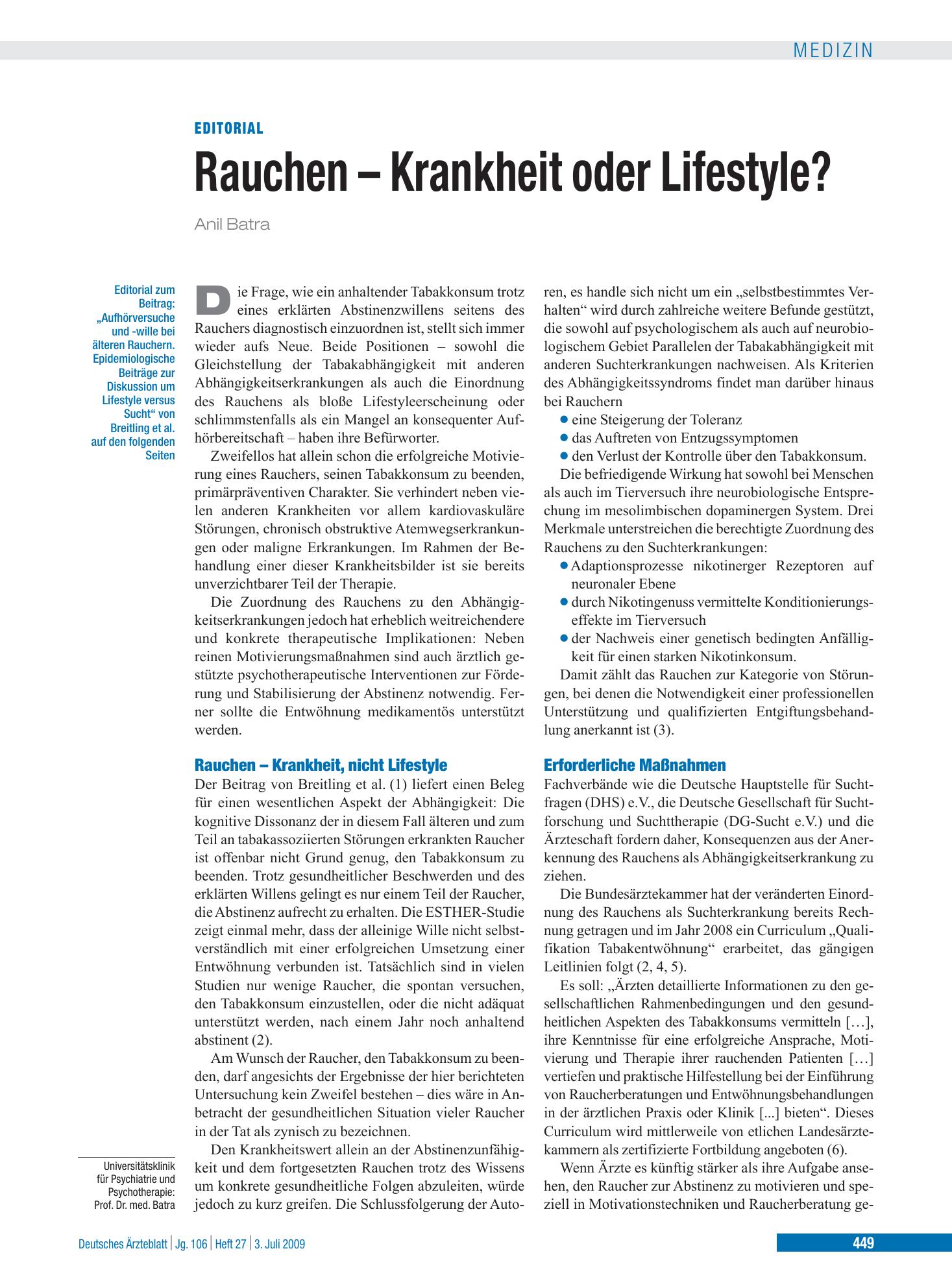Vorschauseite 1: Rauchen – Krankheit oder Lifestyle? – Deutsches Ärzteblatt