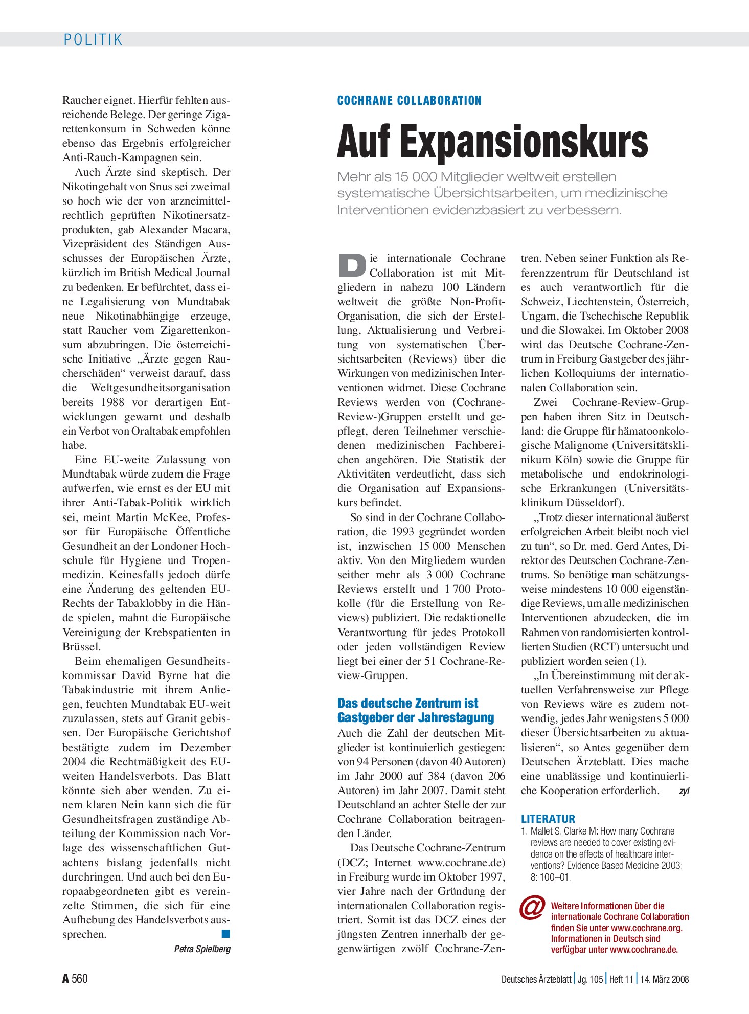 Vorschauseite 1: Cochrane Collaboration: Auf Expansionskurs – Deutsches Ärzteblatt