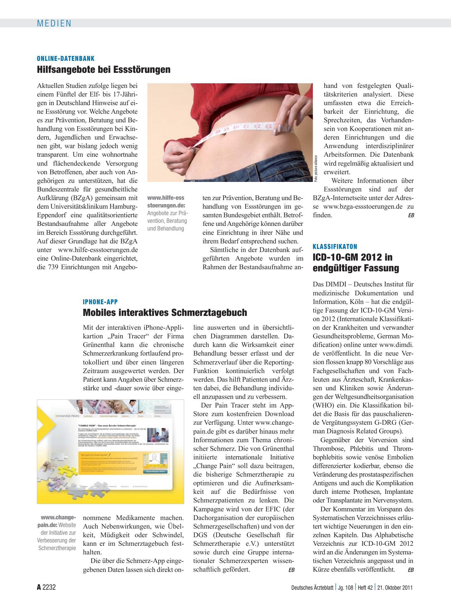 Vorschauseite 1: Online-Datenbank: Hilfsangebote bei Essstörungen – Deutsches Ärzteblatt