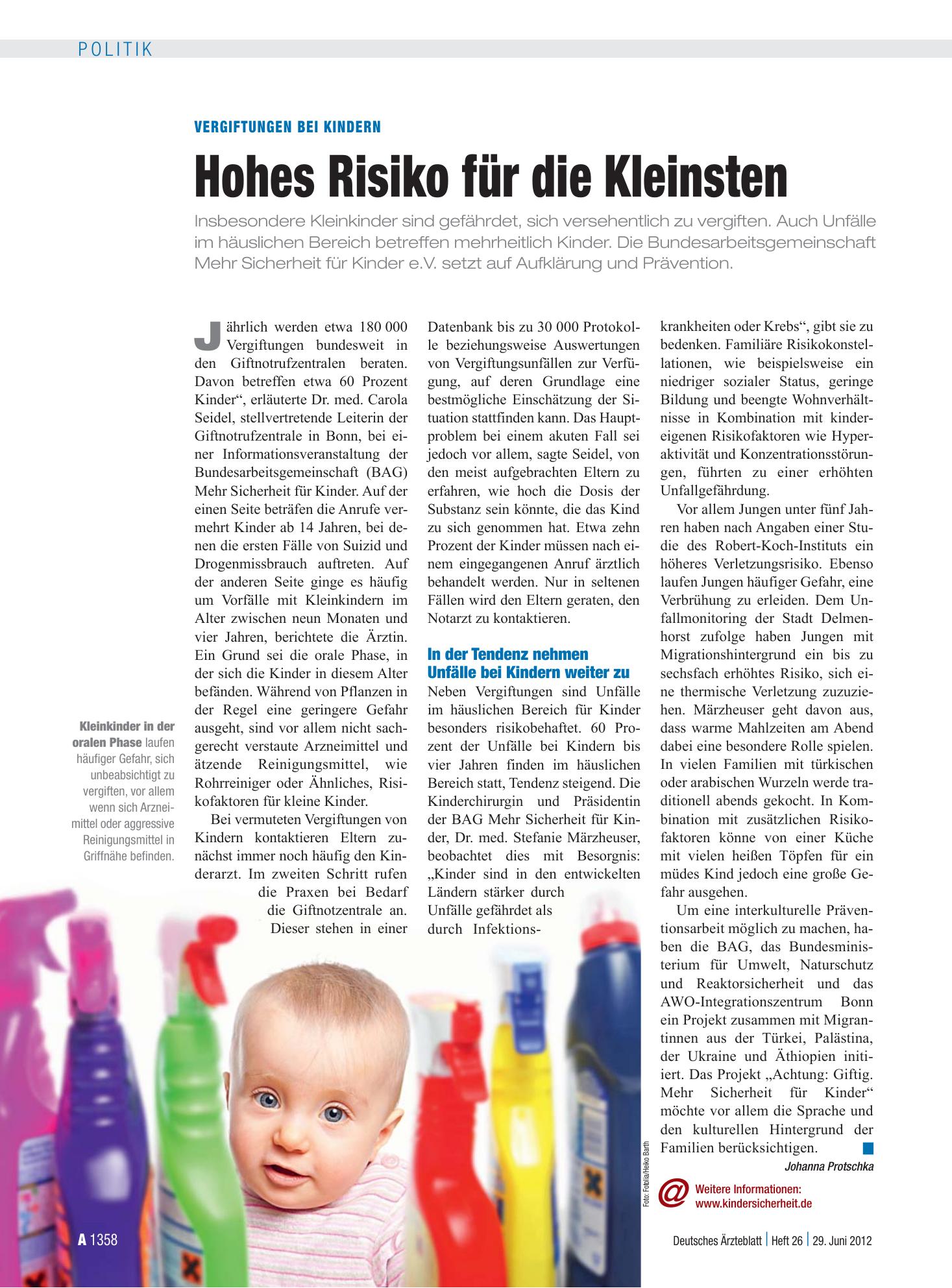 Vorschauseite 1: Vergiftungen bei Kindern: Hohes Risiko für die Kleinsten – Deutsches Ärzteblatt
