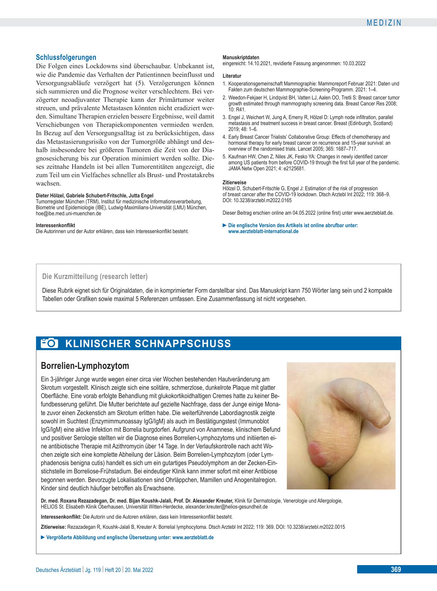 Vorschauseite 1: Borrelien-Lymphozytom – Deutsches Ärzteblatt