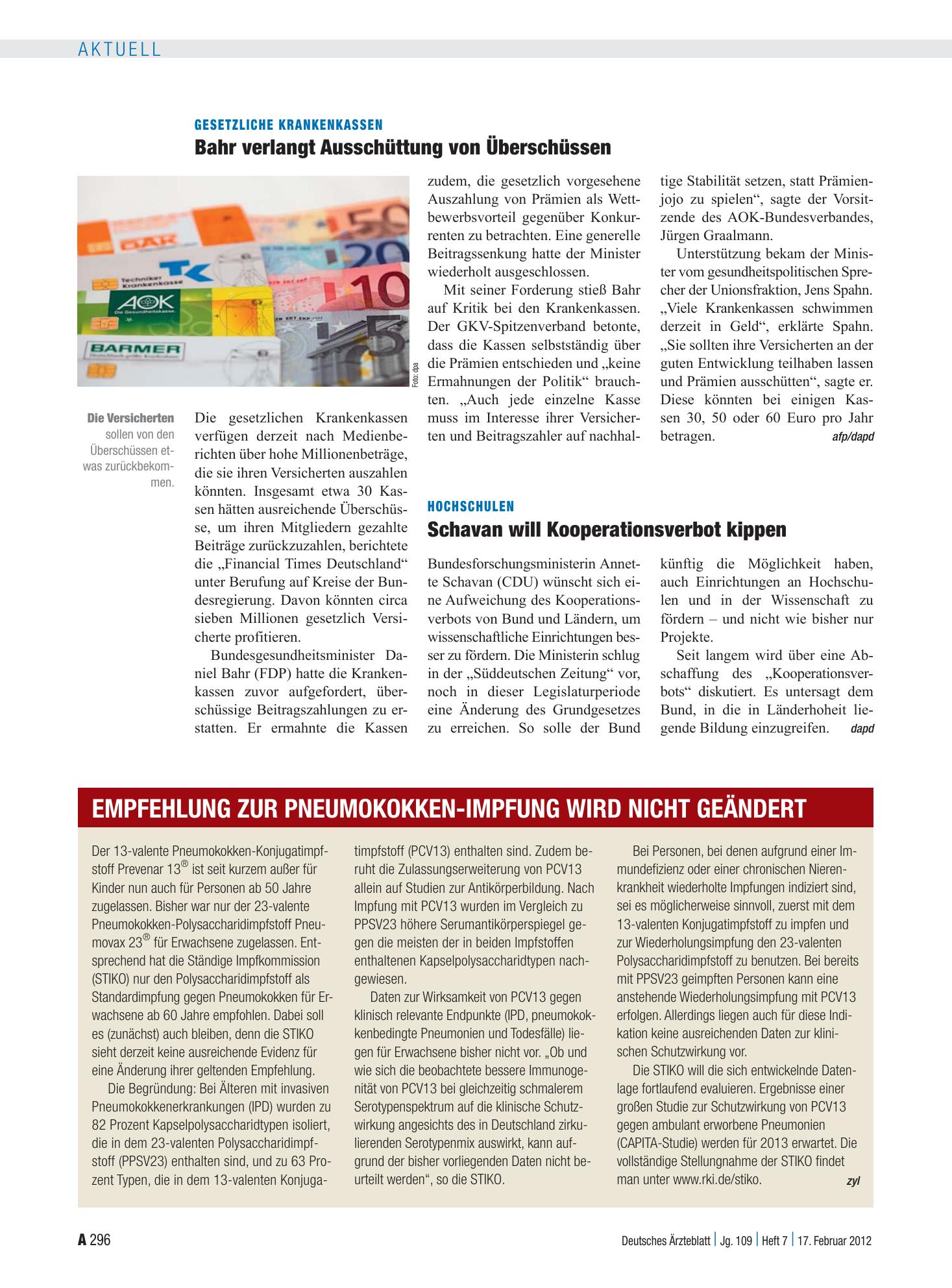 Vorschauseite 1: Hochschulen: Schavan will Kooperationsverbot kippen – Deutsches Ärzteblatt