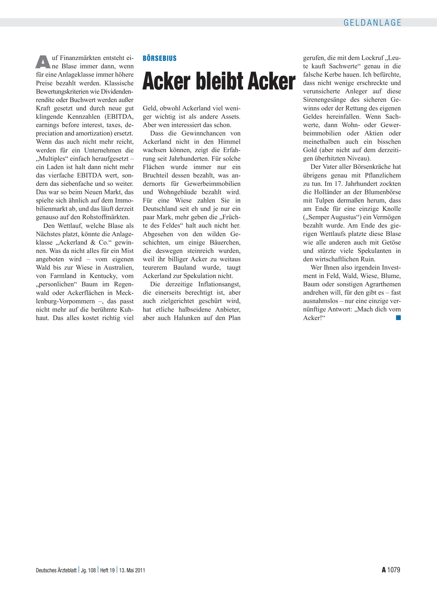 Vorschauseite 1: Börsebius: Acker bleibt Acker – Deutsches Ärzteblatt