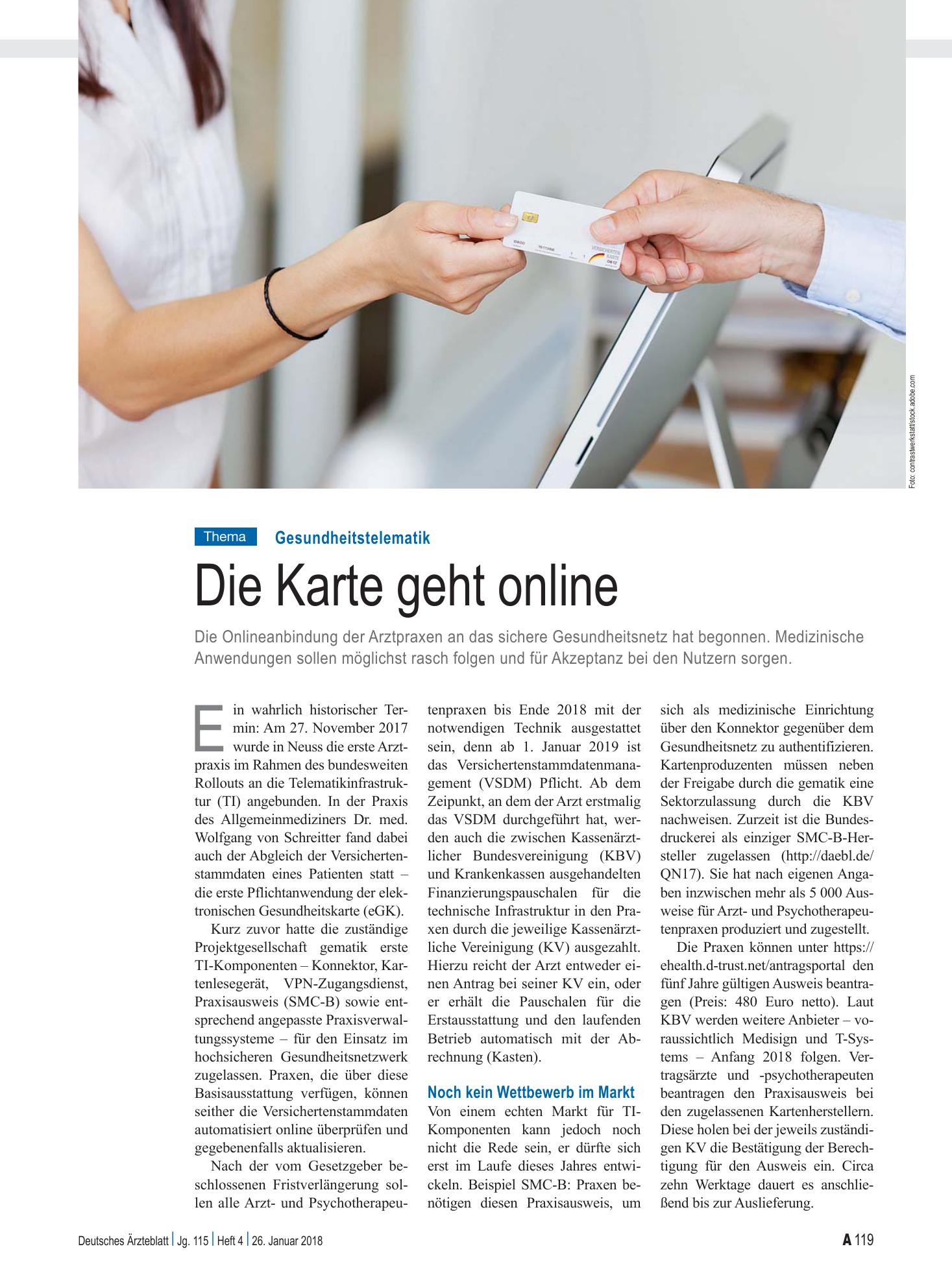 Vorschauseite 1: Gesundheitstelematik: Die Karte geht online – Deutsches Ärzteblatt