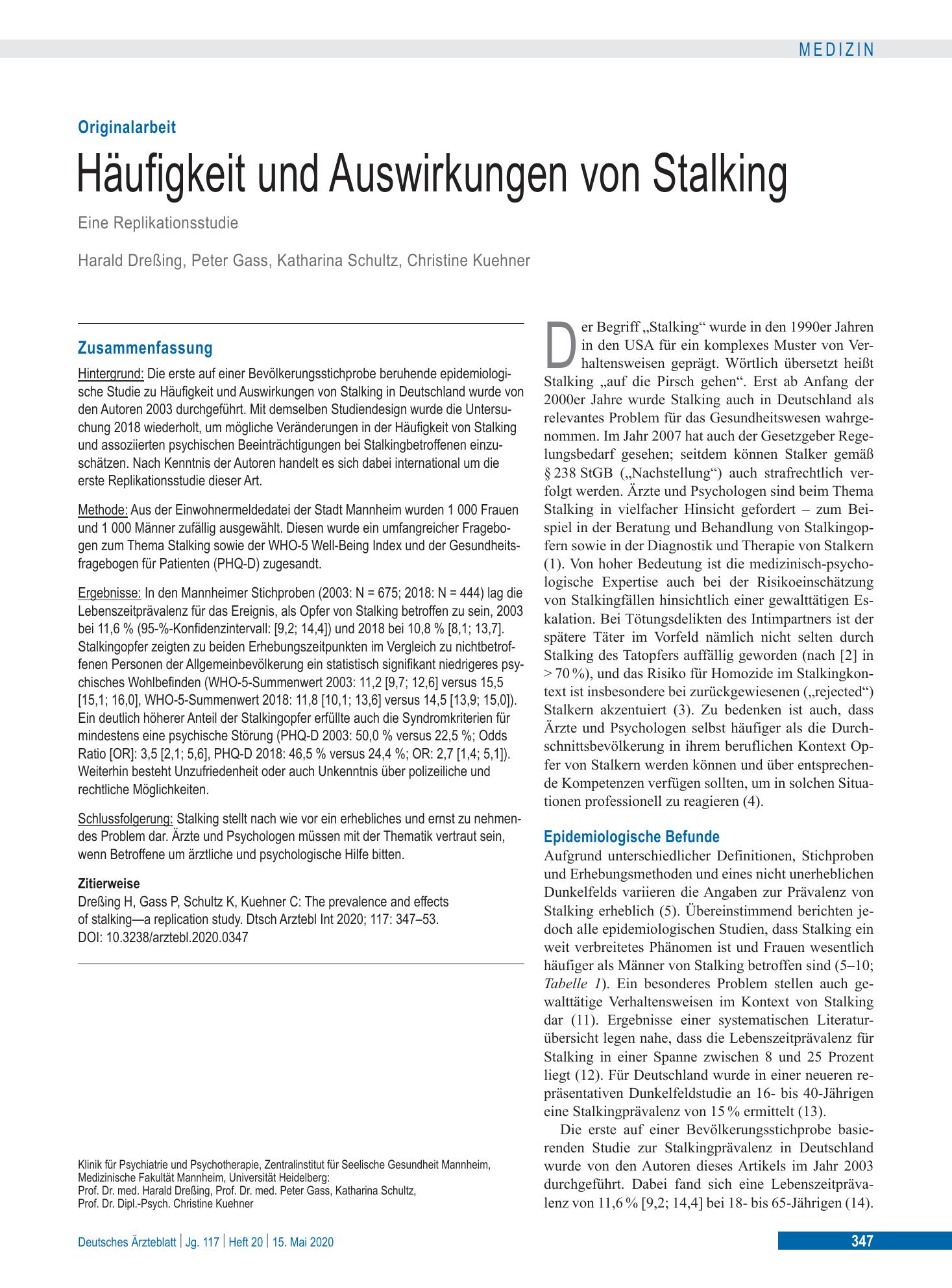 Vorschauseite 1: Häufigkeit und Auswirkungen von Stalking – Deutsches Ärzteblatt