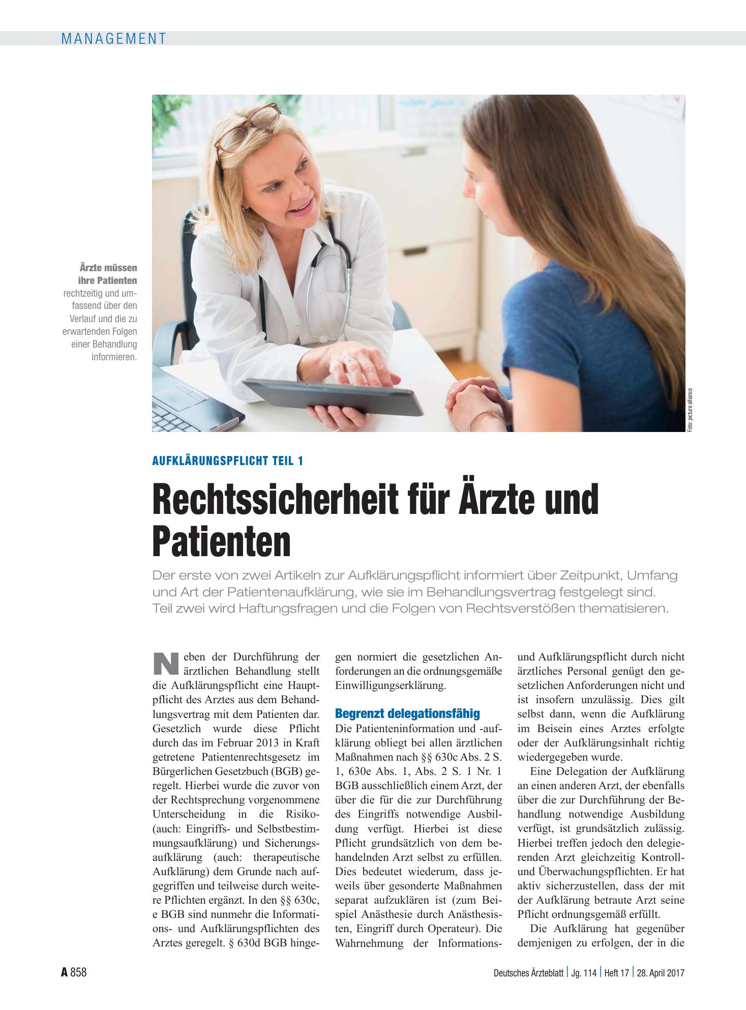 Vorschauseite 1: Aufklärungspflicht Teil 1: Rechtssicherheit für Ärzte und Patienten – Deutsches Ärzteblatt