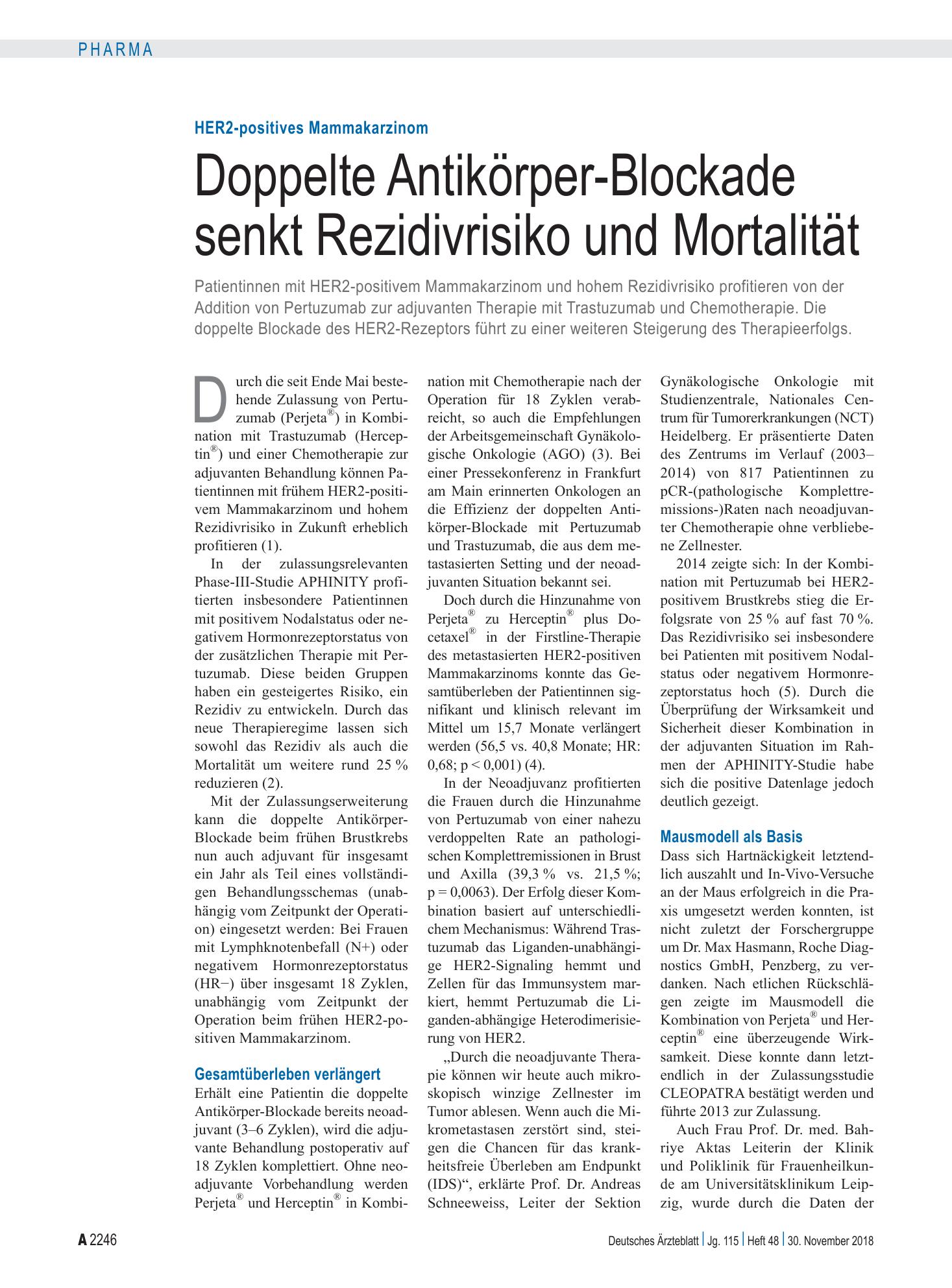 Vorschauseite 1: HER2-positives Mammakarzinom: Doppelte Antikörper-Blockade senkt Rezidivrisiko und Mortalität – Deutsches Ärzteblatt