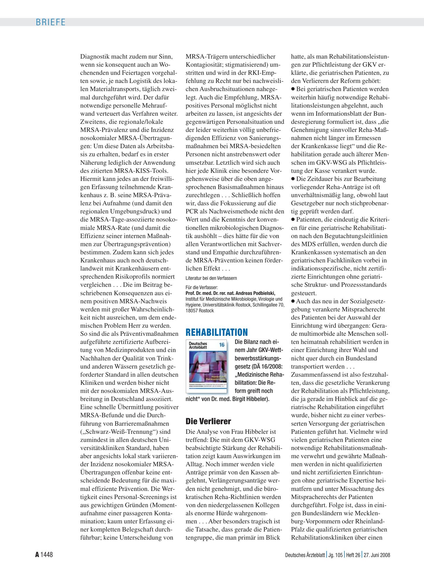 Vorschauseite 1: Rehabilitation: Die Verlierer – Deutsches Ärzteblatt