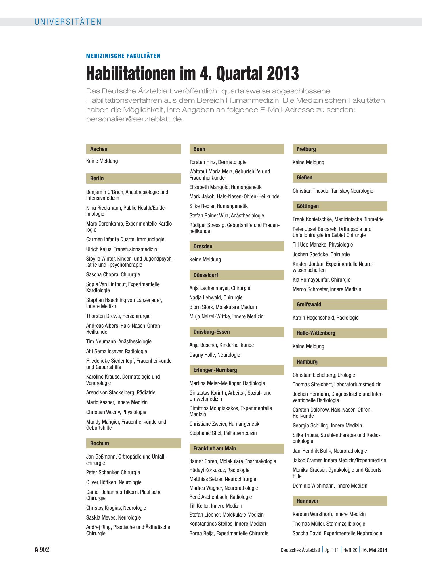 Vorschauseite 1: Medizinische Fakultäten: Habilitationen im 4. Quartal 2013 – Deutsches Ärzteblatt