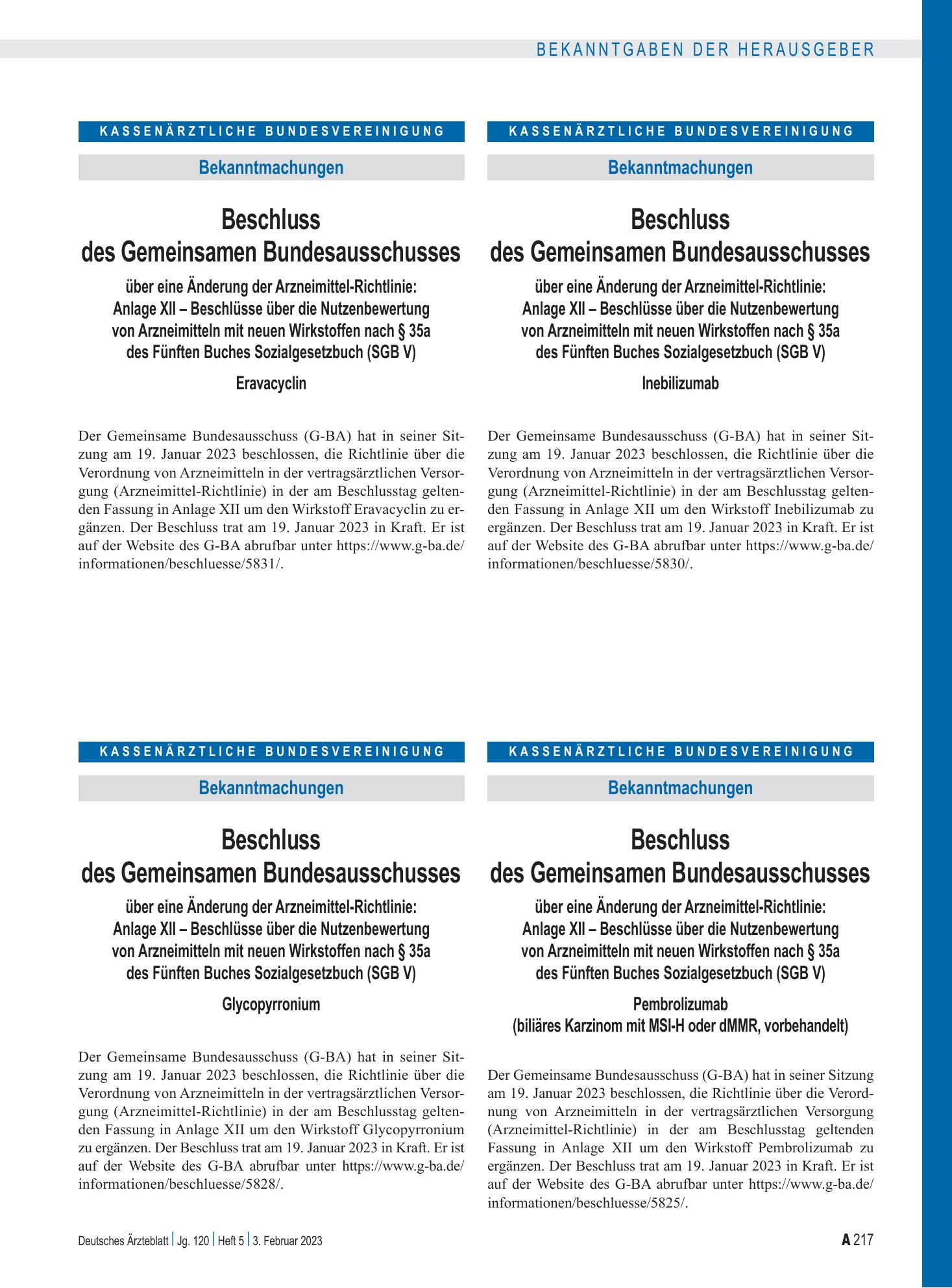 Vorschauseite 1: Beschluss des Gemeinsamen Bundesausschusses über eine Änderung der Arzneimittel-Richtlinie: Anlage XII – Glycopyrronium – Deutsches Ärzteblatt