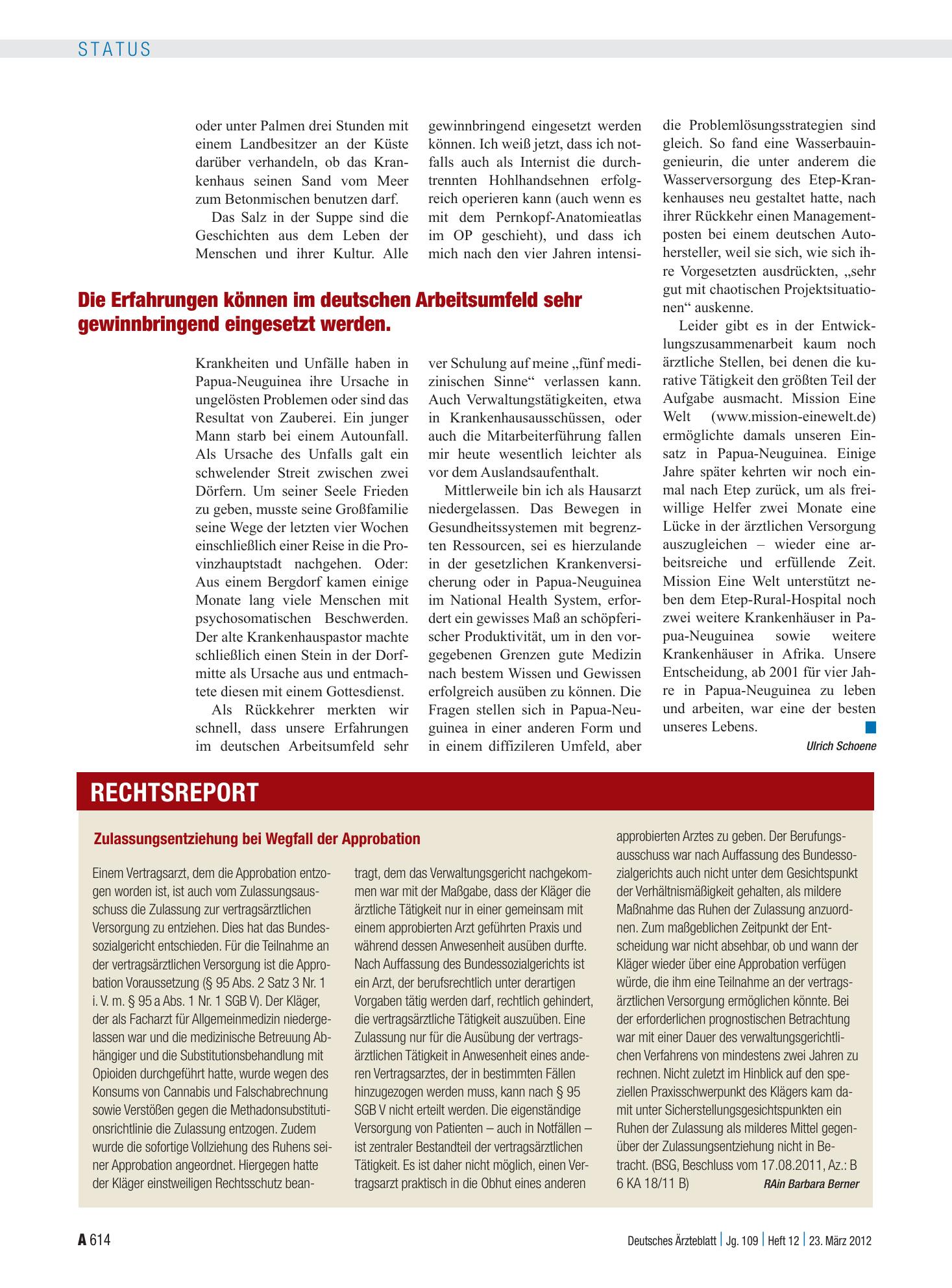 Vorschauseite 1: Zulassungsentziehung bei Wegfall der Approbation – Deutsches Ärzteblatt