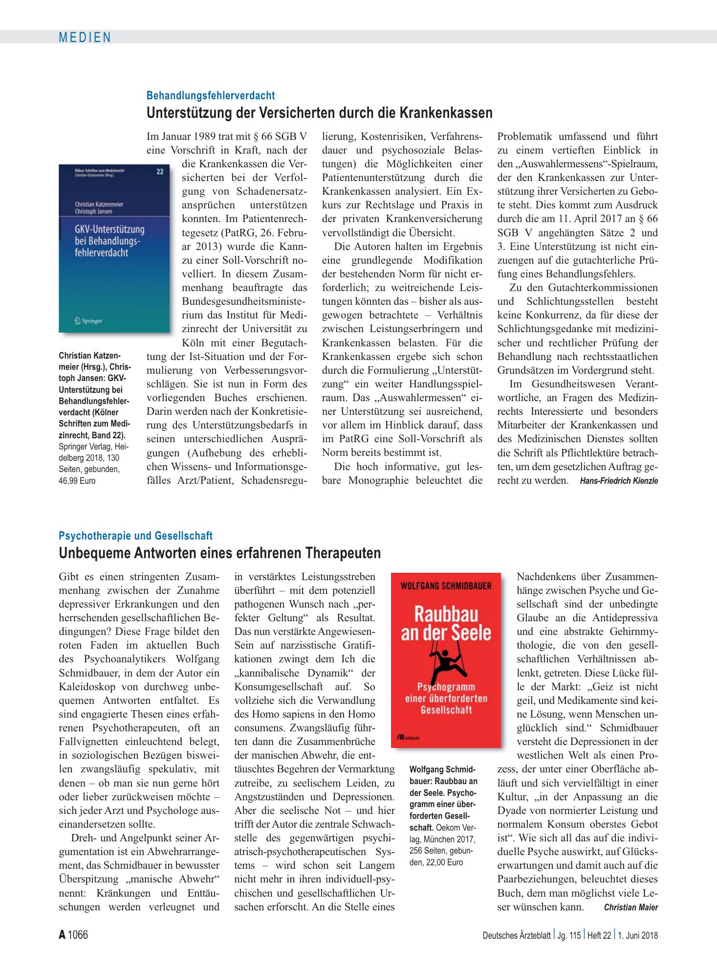 Vorschauseite 1: Behandlungsfehlerverdacht: Unterstützung der Versicherten durch die Krankenkassen – Deutsches Ärzteblatt