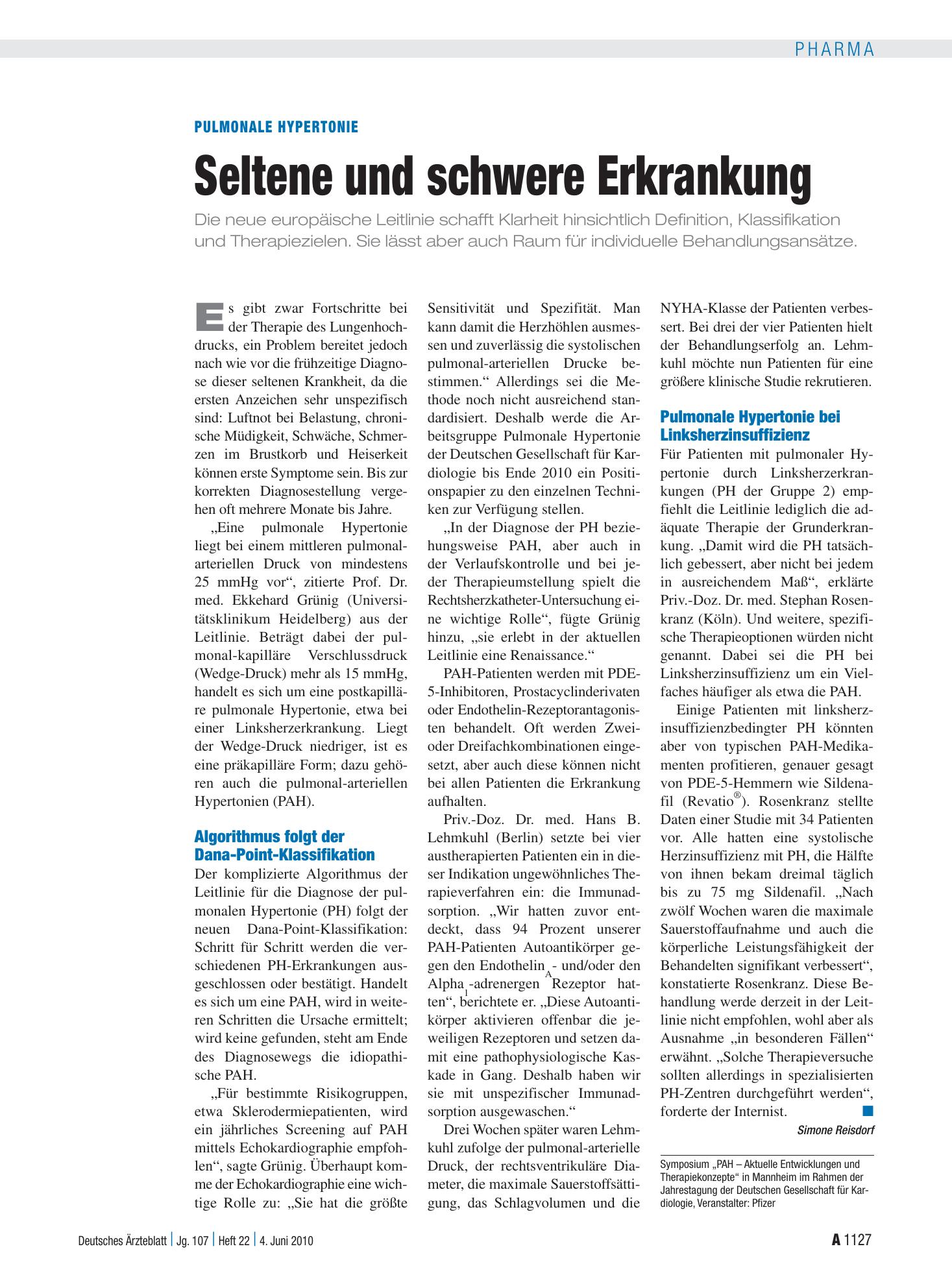 Vorschauseite 1: Pulmonale Hypertonie: Seltene und schwere Erkrankung – Deutsches Ärzteblatt