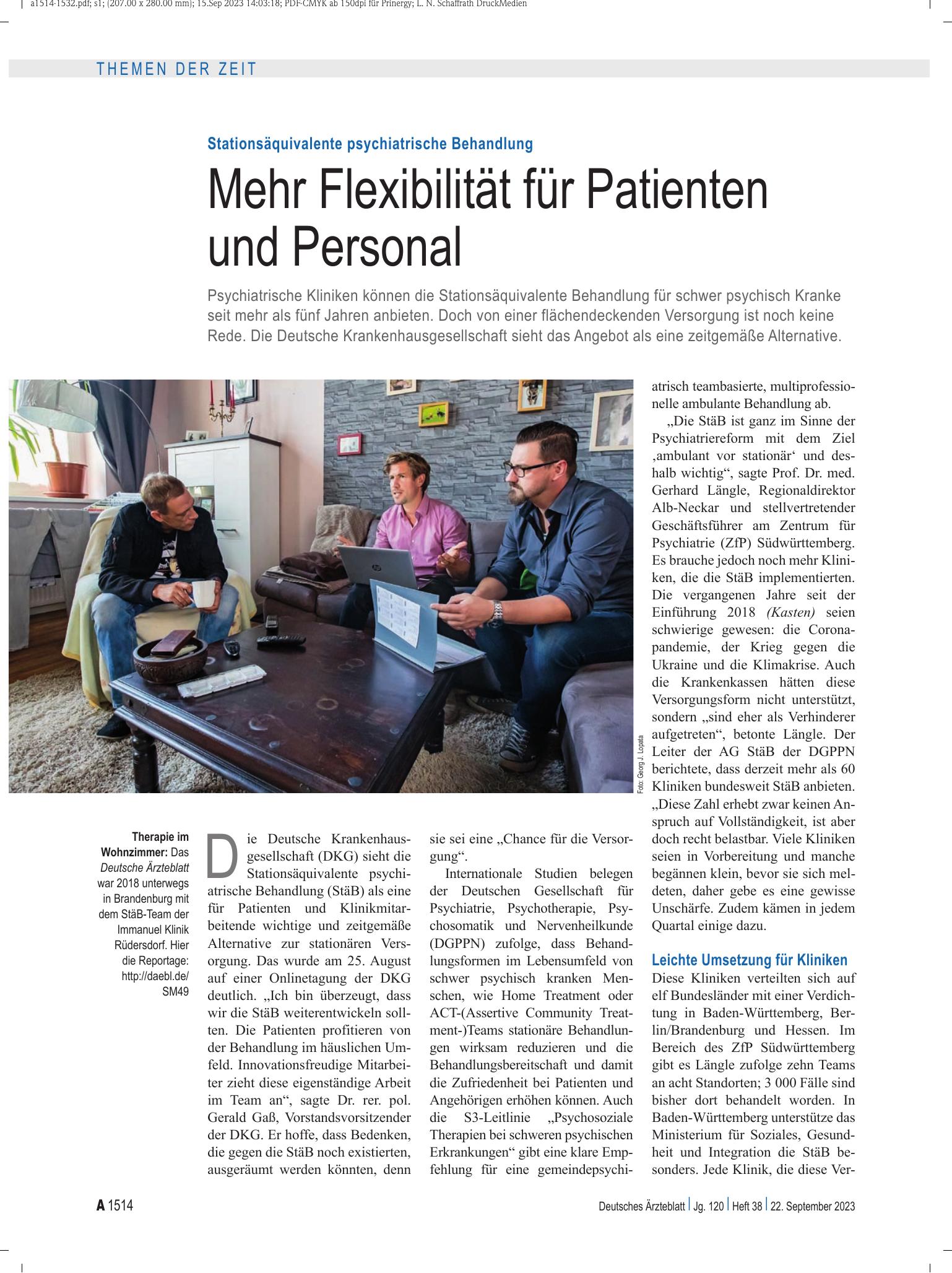 Vorschauseite 1: Stationsäquivalente psychiatrische Behandlung: Mehr Flexibilität für Patienten und Personal – Deutsches Ärzteblatt