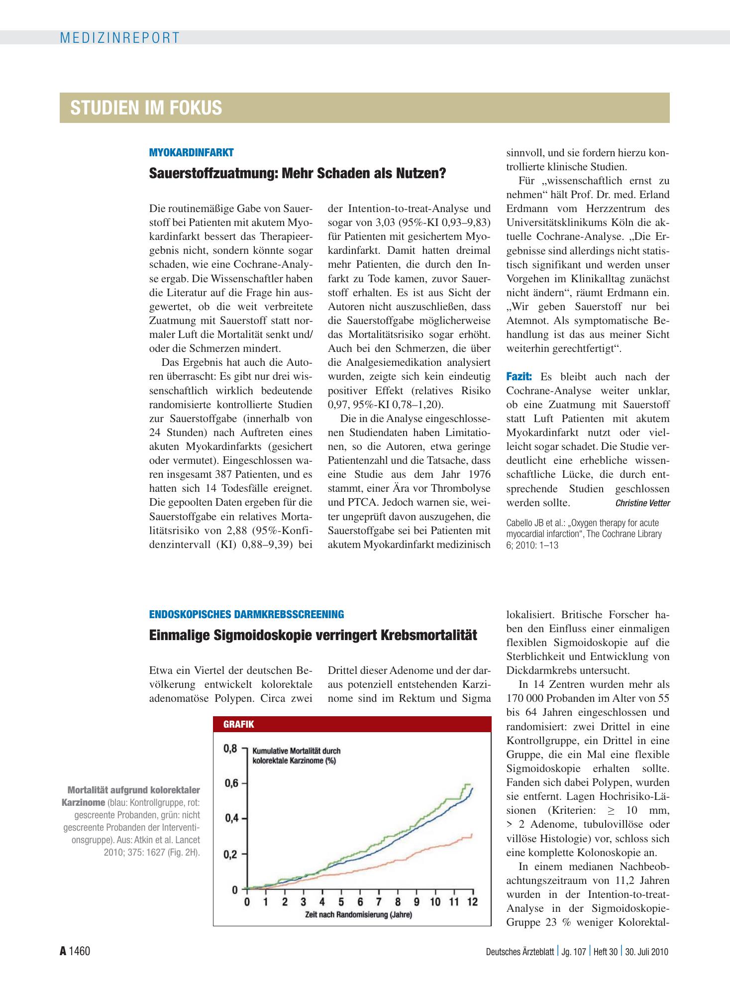 Vorschauseite 1: Endoskopisches Darmkrebsscreening: Einmalige Sigmoidoskopie verringert Krebsmortalität – Deutsches Ärzteblatt