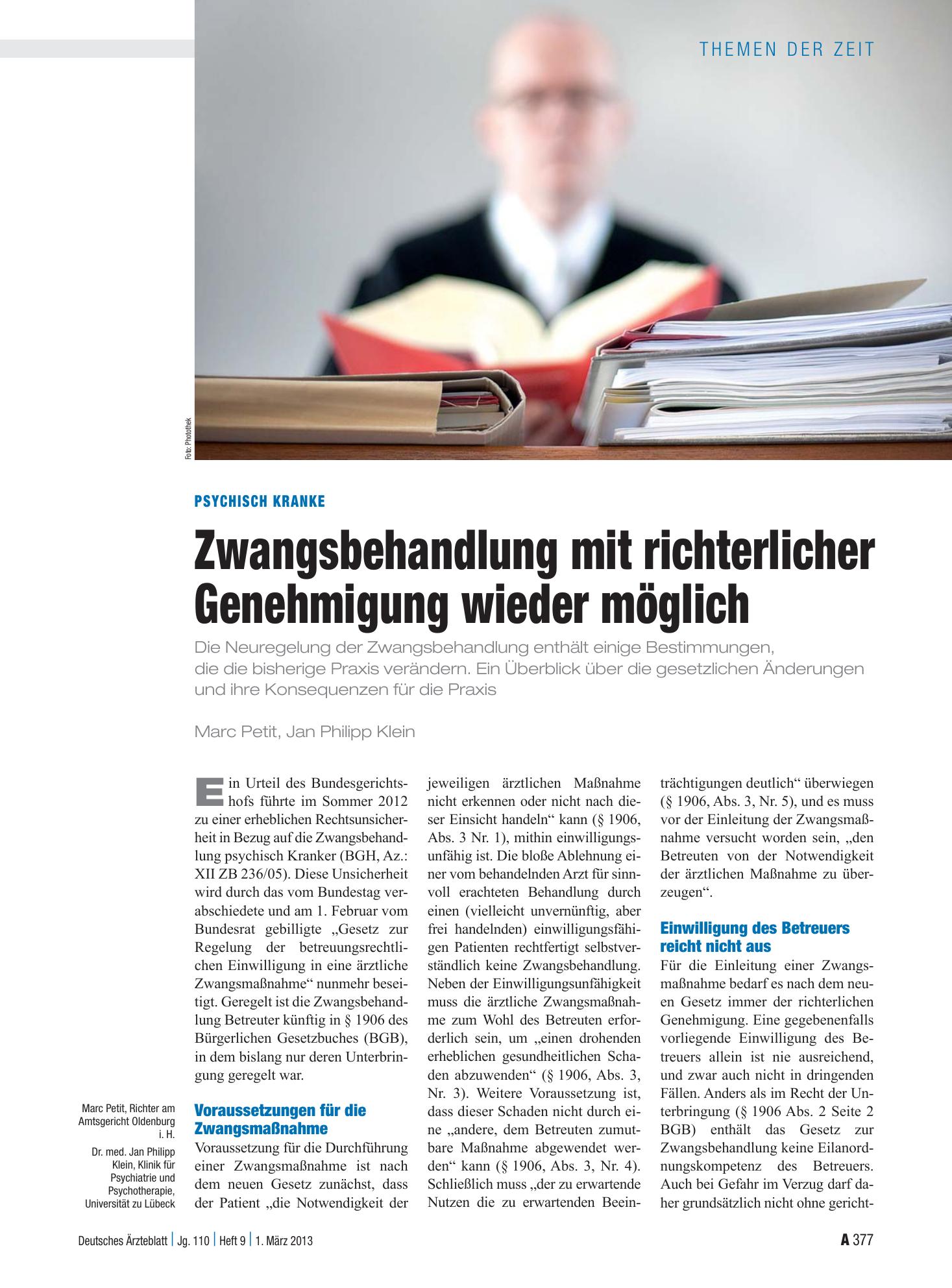 Vorschauseite 1: Psychisch Kranke: Zwangsbehandlung mit richterlicher Genehmigung wieder möglich – Deutsches Ärzteblatt