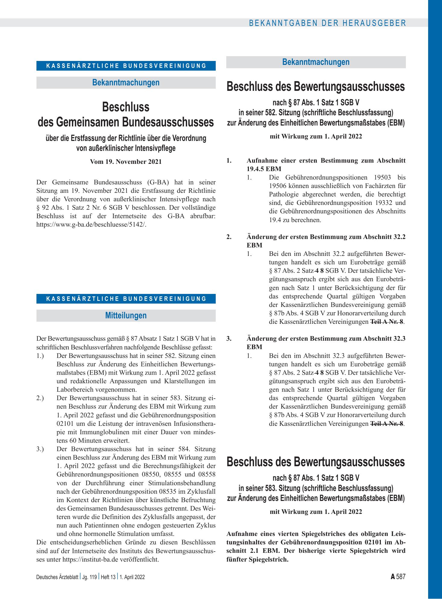 Vorschauseite 1: Beschluss des Bewertungsausschusses nach § 87 Abs. 1 Satz 1 SGB V in seiner 582./583./584. Sitzung (schriftliche Beschlussfassung) zur Änderung des Einheitlichen Bewertungsmaßstab…