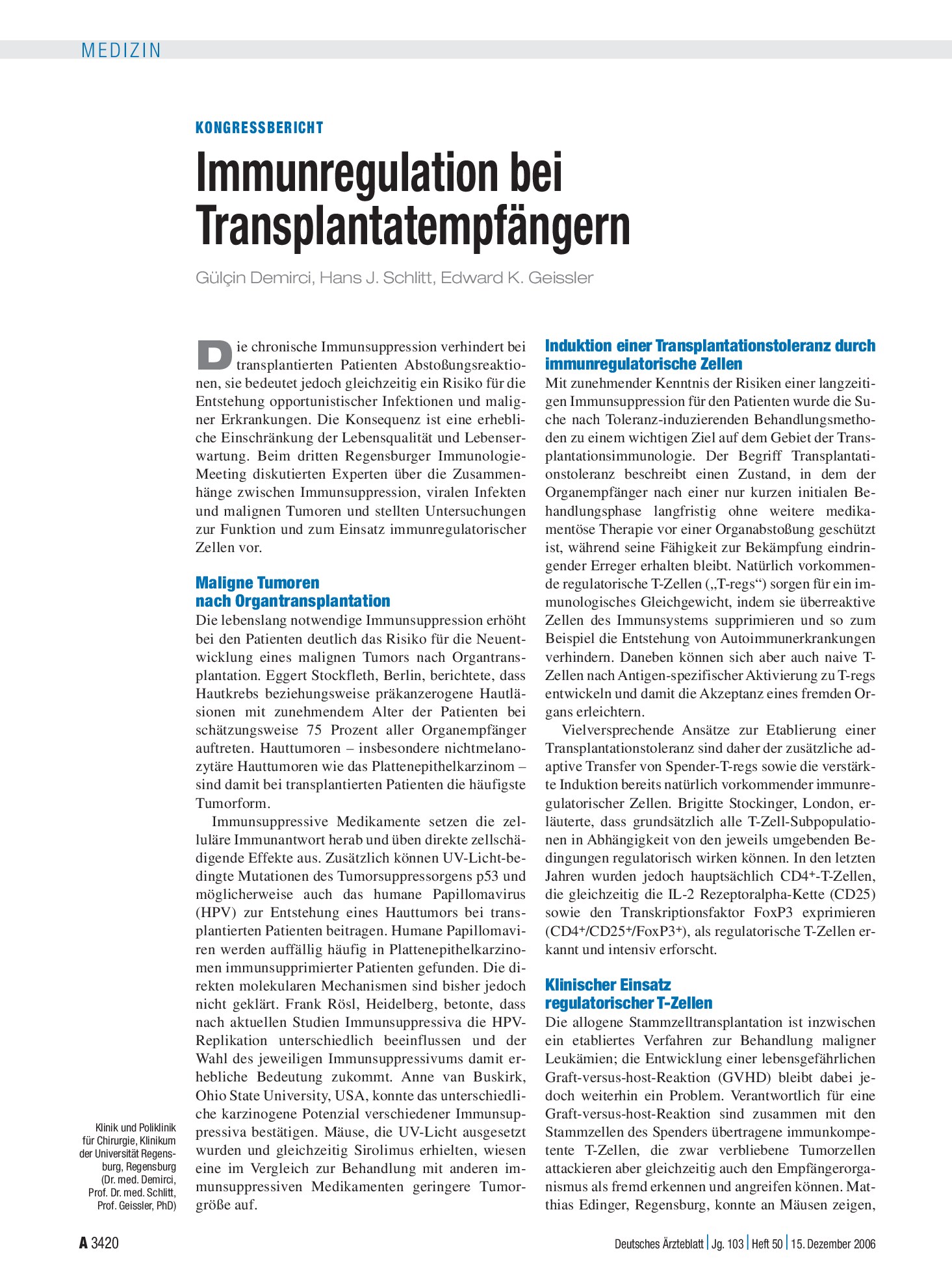 Vorschauseite 1: Immunregulation bei Transplantatempfängern – Deutsches Ärzteblatt