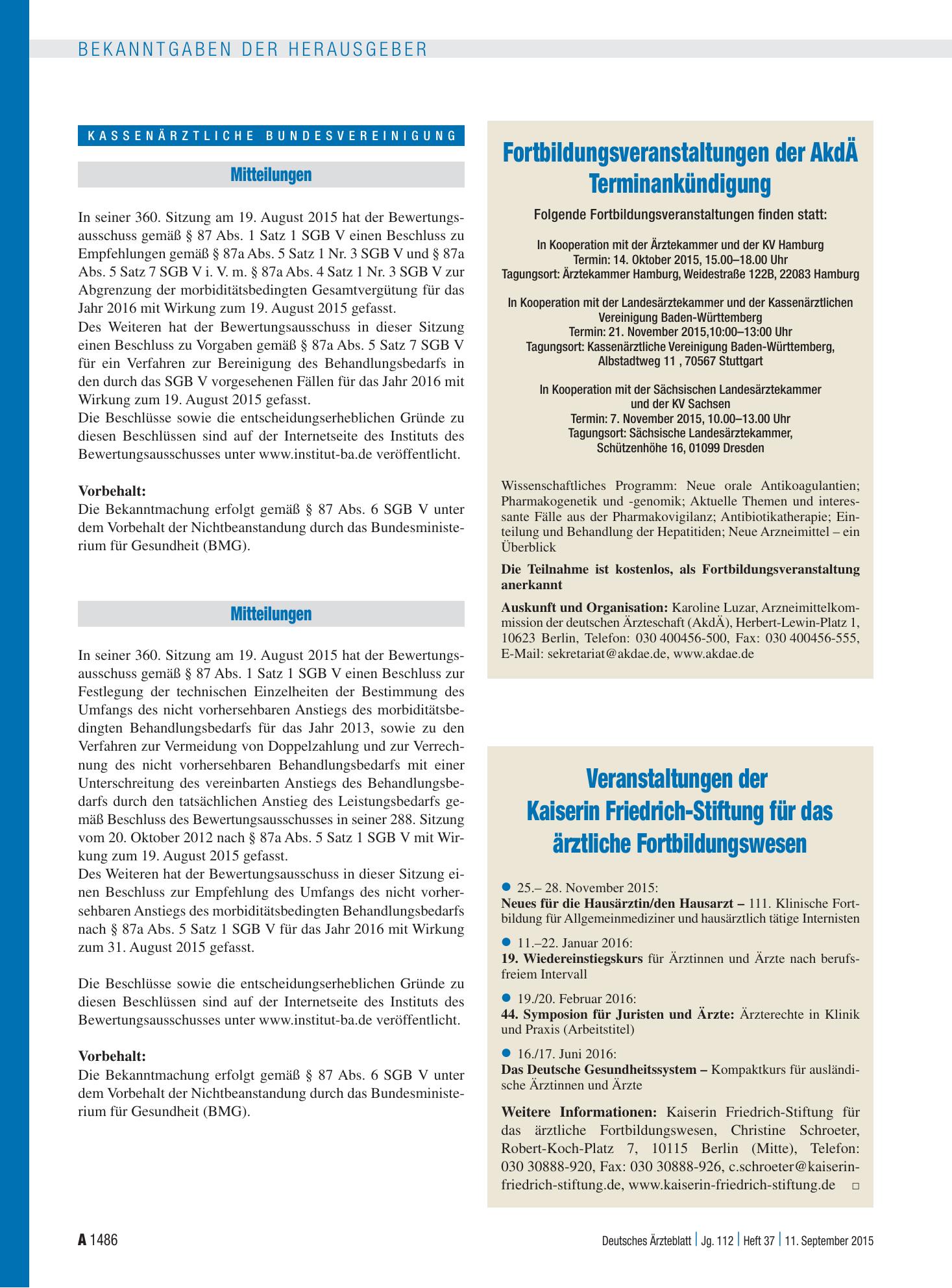 Vorschauseite 1: Mitteilungen – Deutsches Ärzteblatt