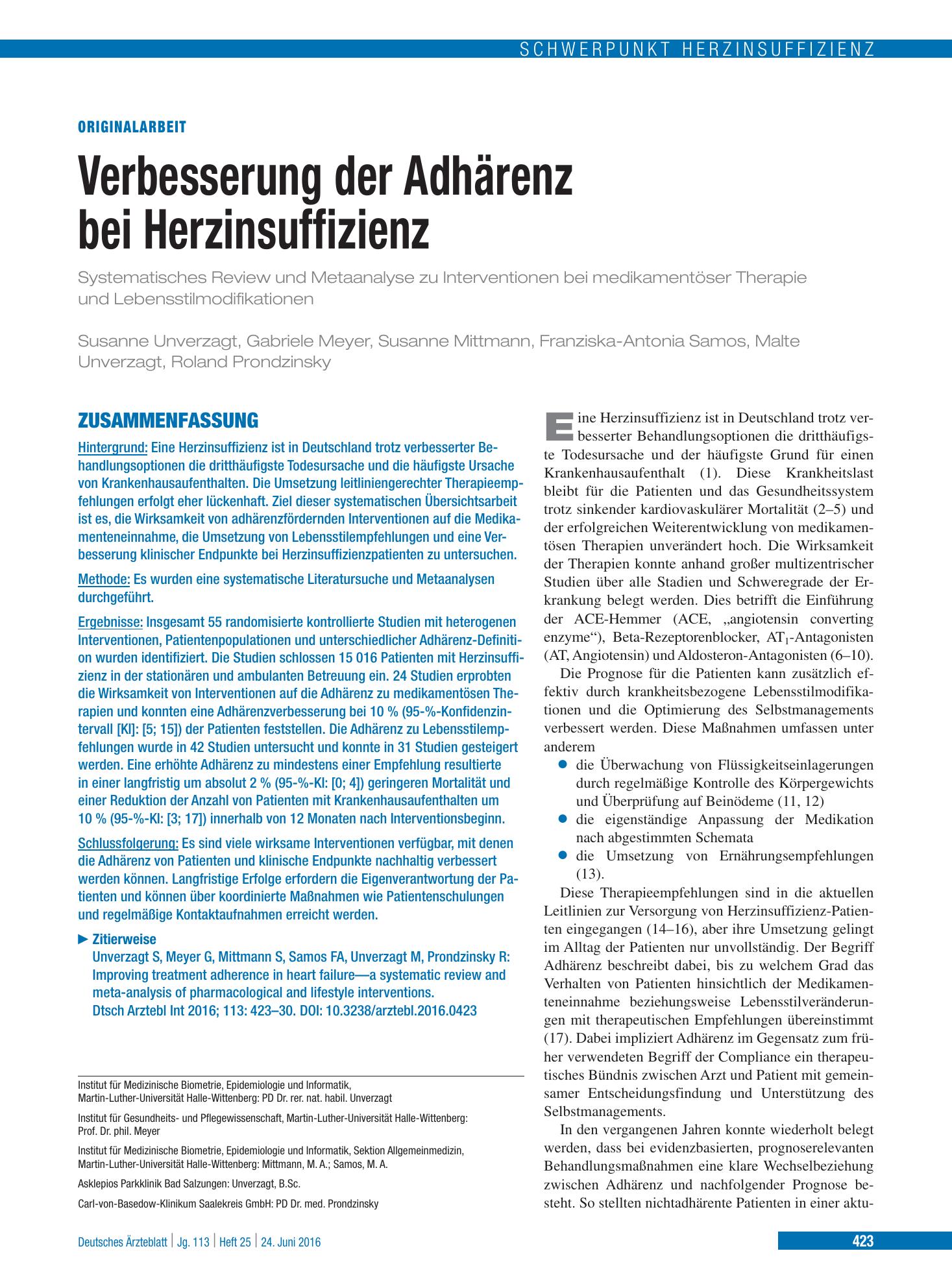 Vorschauseite 1: Verbesserung der Adhärenz bei Herzinsuffizienz – Deutsches Ärzteblatt