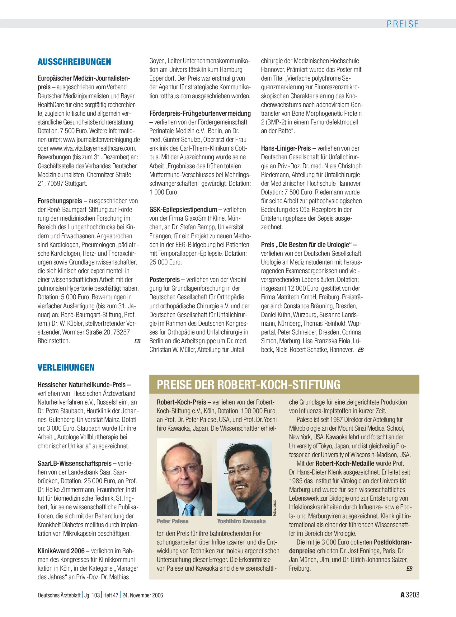 Vorschauseite 1: Preise Der Robert-Koch-Stiftung – Deutsches Ärzteblatt