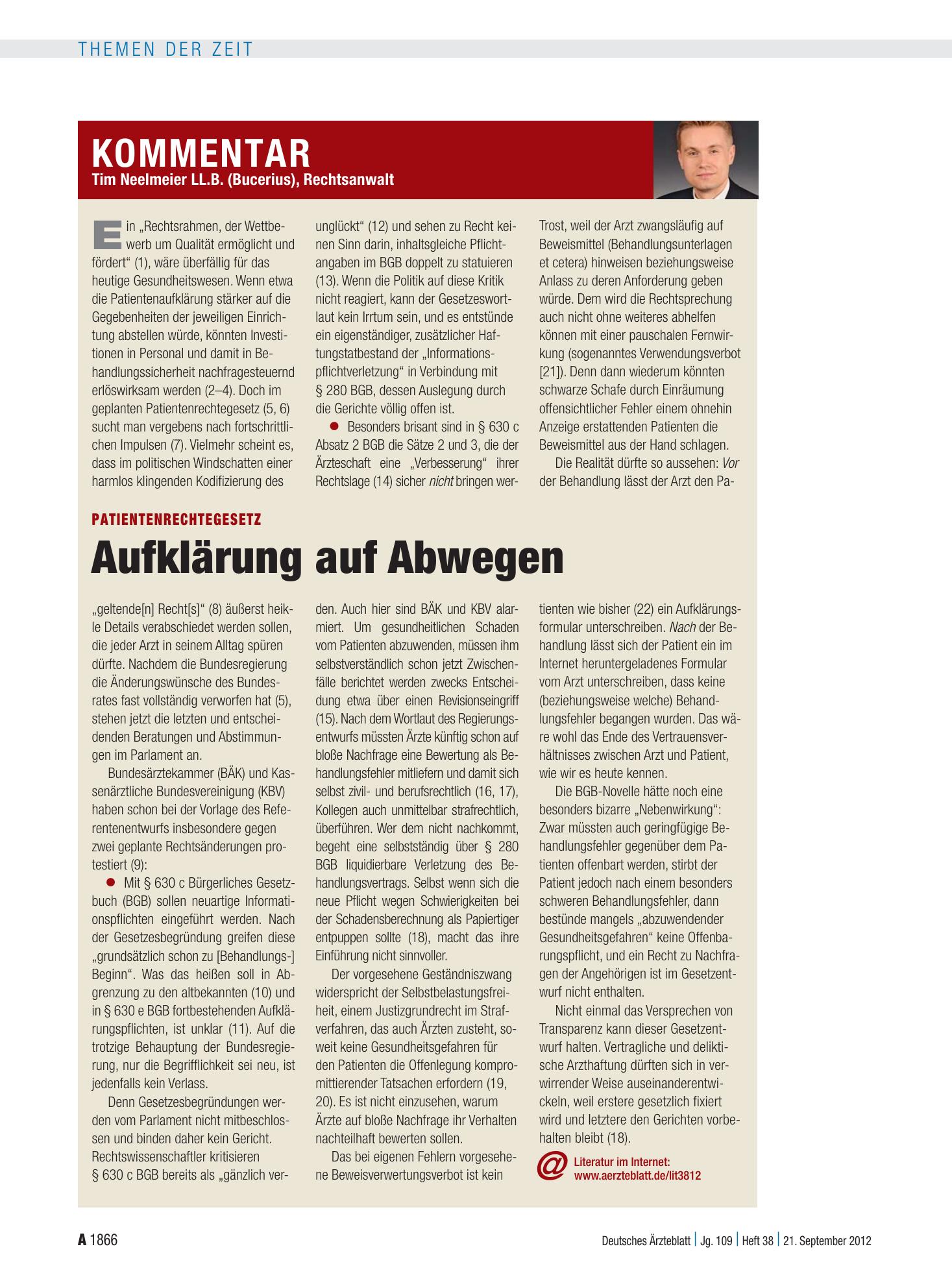 Vorschauseite 1: Patientenrechtegesetz: Aufklärung auf Abwegen – Deutsches Ärzteblatt