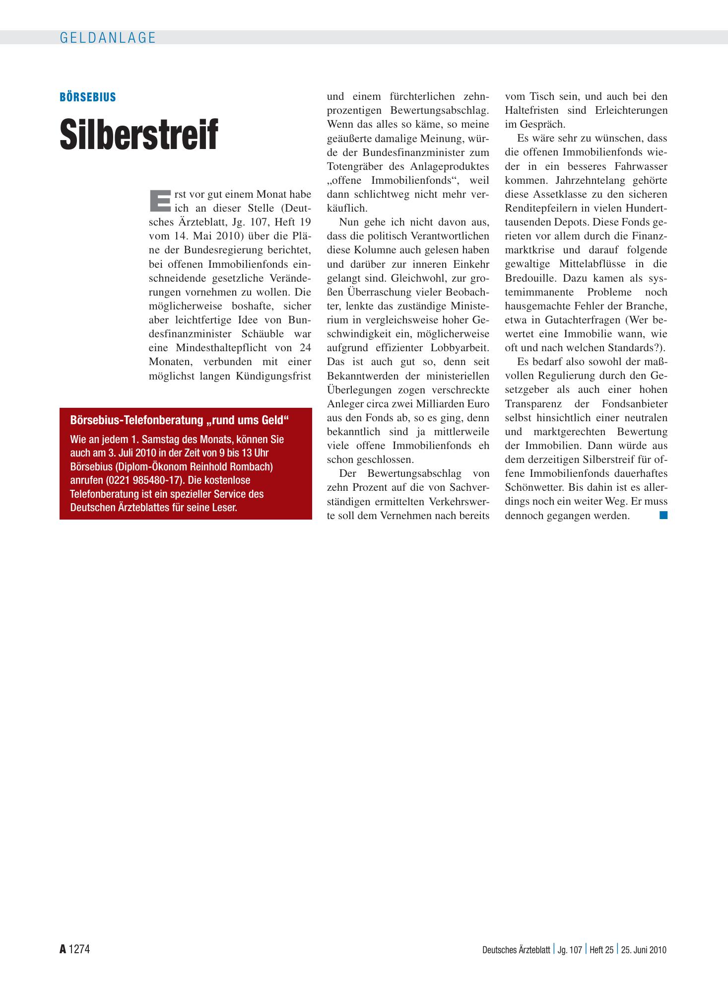 Vorschauseite 1: Börsebius: Silberstreif – Deutsches Ärzteblatt