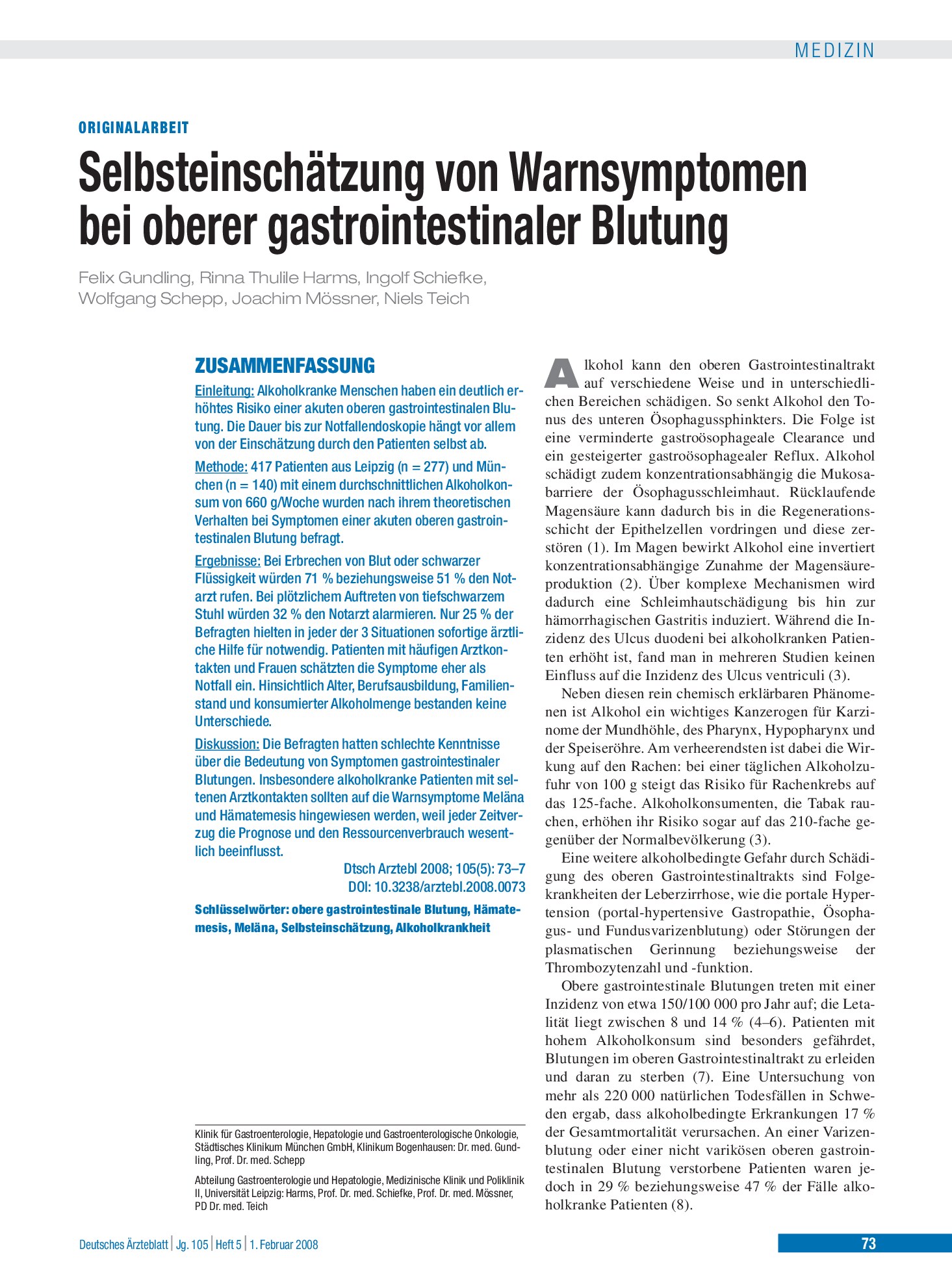 Vorschauseite 1: Selbsteinschätzung von Warnsymptomen bei oberer gastrointestinaler Blutung – Deutsches Ärzteblatt
