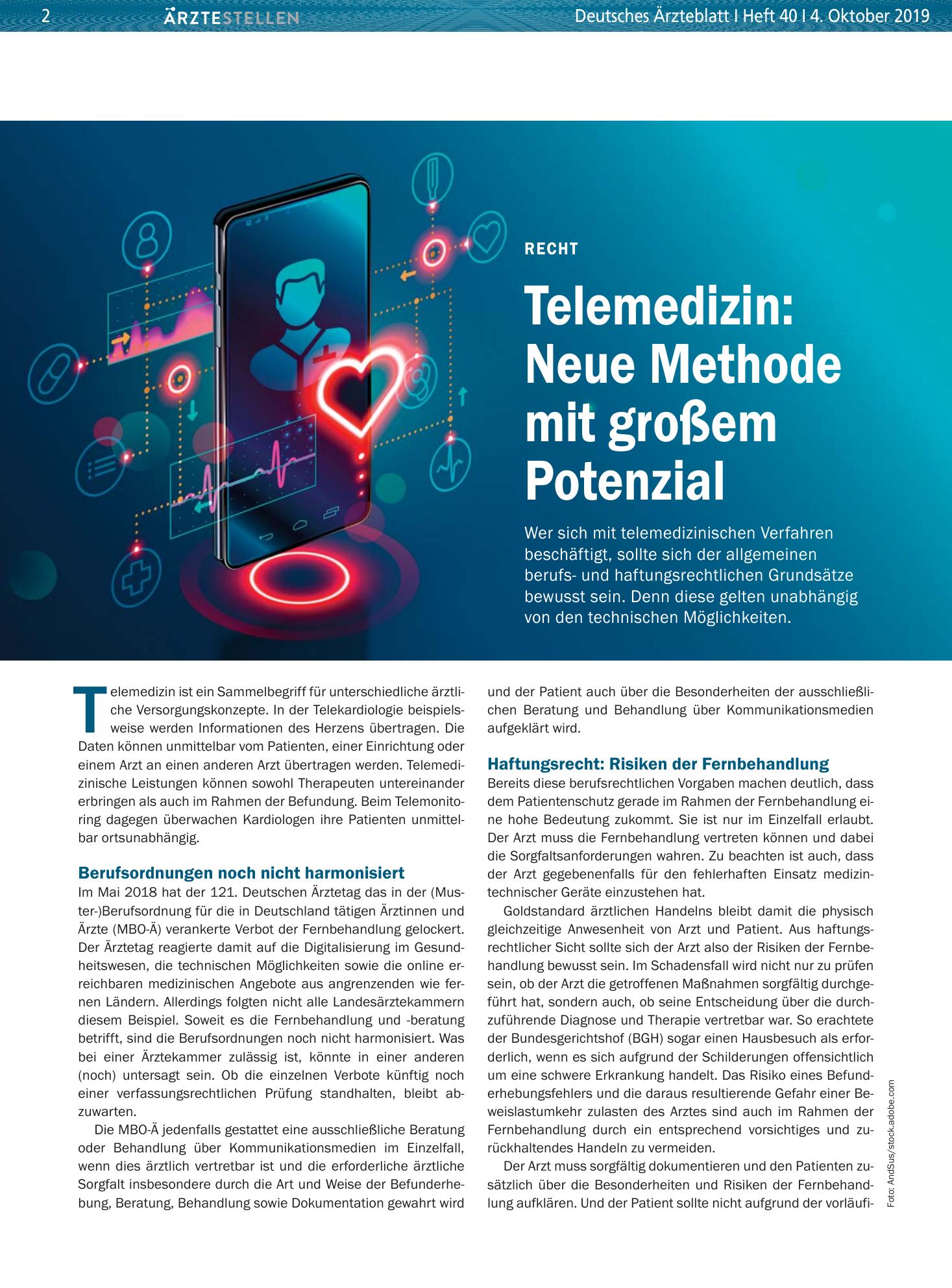 Vorschauseite 1: Recht: Telemedizin: Neue Methode mit großem Potenzial – Deutsches Ärzteblatt