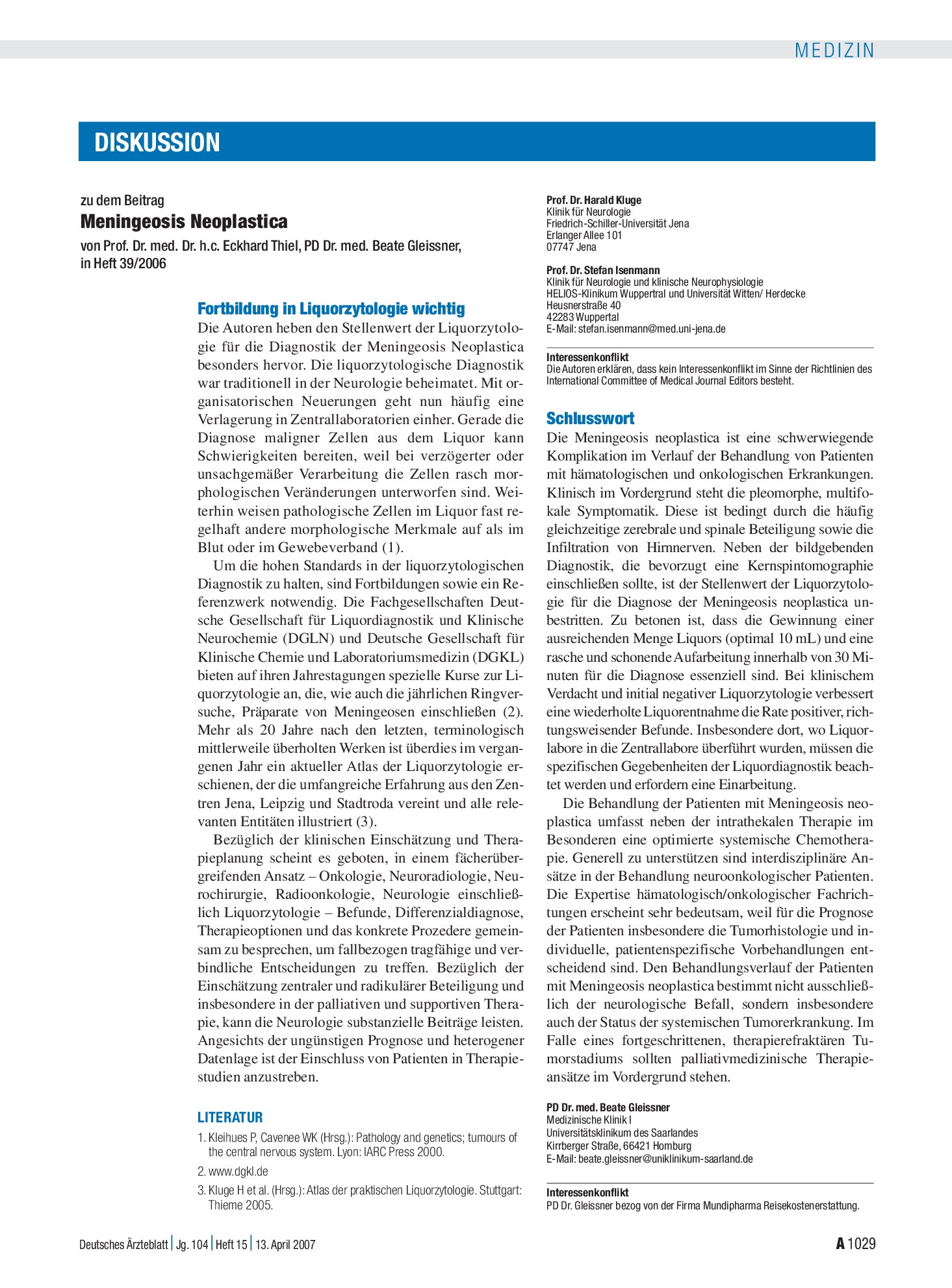 Vorschauseite 1: Meningeosis Neoplastica: Schlusswort – Deutsches Ärzteblatt