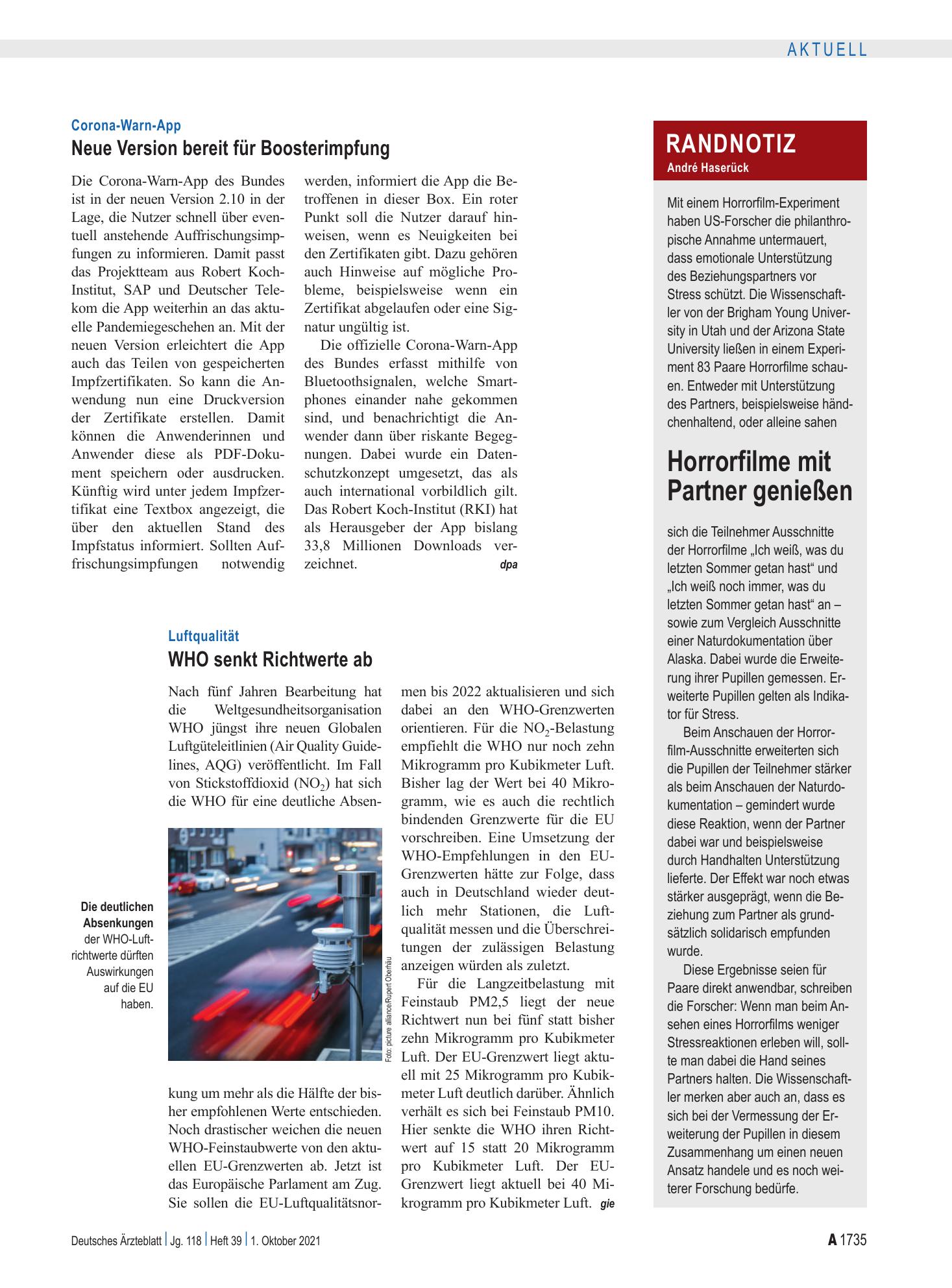 Vorschauseite 1: Corona-Warn-App: Neue Version bereit für Boosterimpfung – Deutsches Ärzteblatt